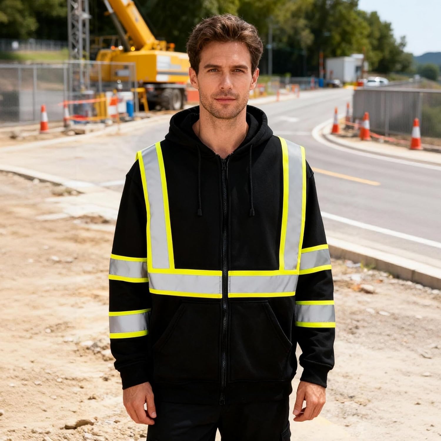 Hi Vis Safety Hoodie for Men ANSI Class 3, Reflective Jacket Zip Hoodie with Black Bottom for Construction Work - Image 2