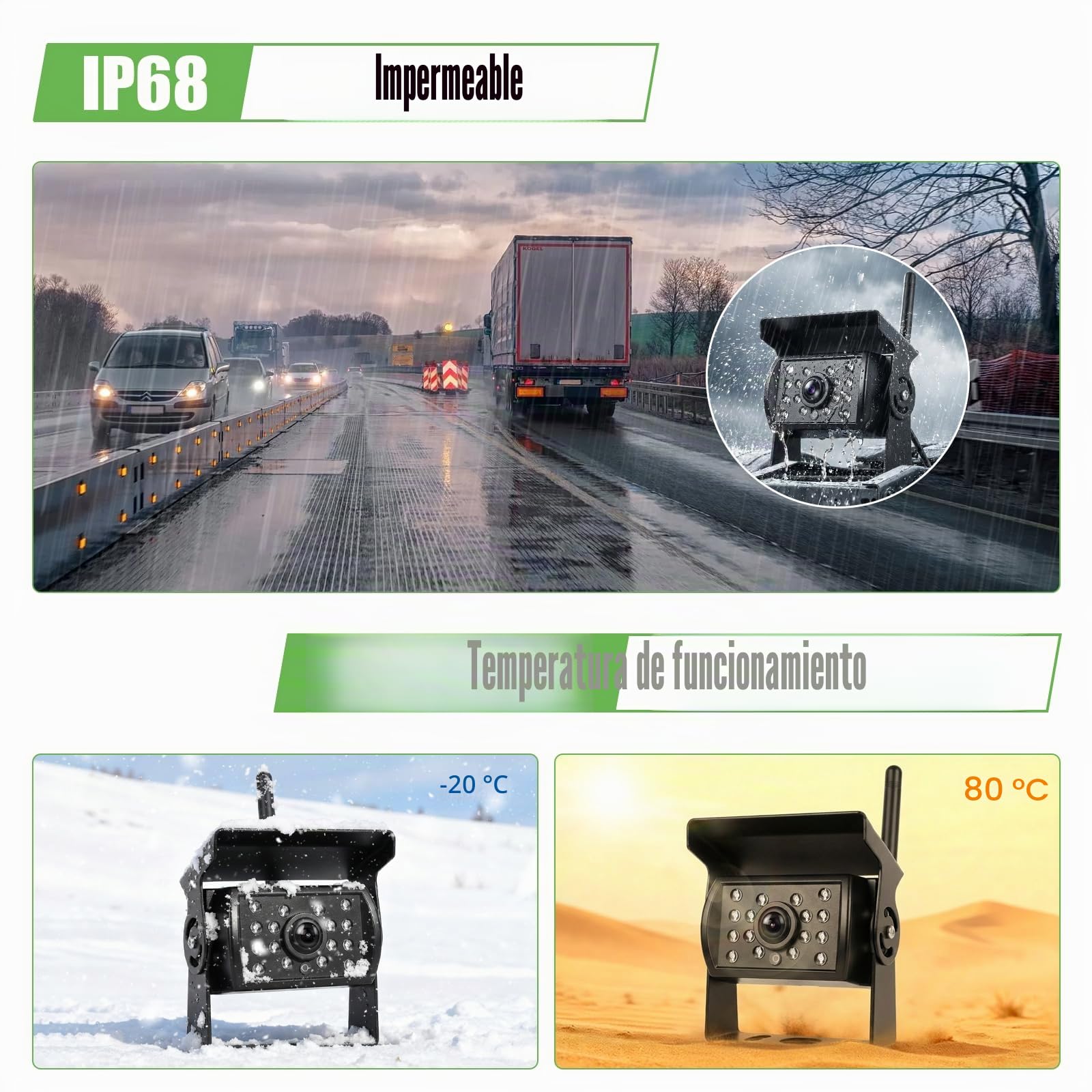 7" Kit de Cámara de Marcha atrás Inalámbrica con 2 Cámaras Traseras Divididas con Visión Nocturna Impermeable para Caravanas, Camiones y Autobuses, DC 12-36V