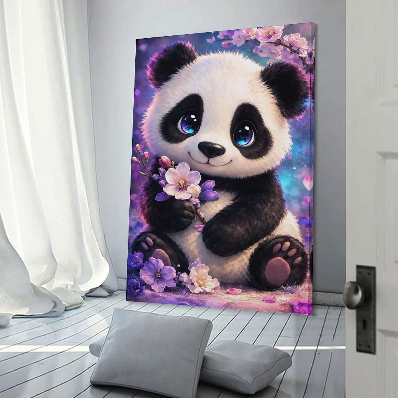 Junmoney Cute Panda with Flowers Wall Picture Print 24x36inch(60x90cm), for Lounge Decor, Offices Or Entryway Styling, Versatile Wall Decor for Many Rooms