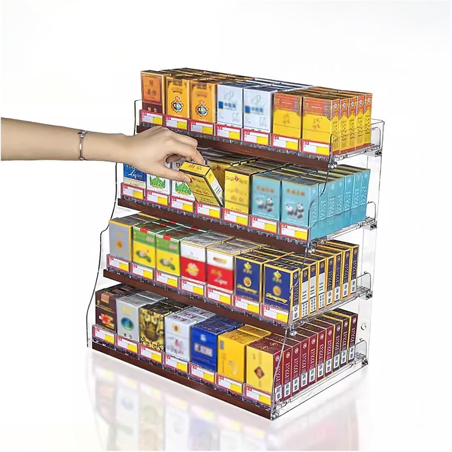 Display Shelves Retail Cabinet Organizer Wall Mounted Cigarette Showcases Rack,Auto Cigarette Pusher Cigarette Display Holder,Acrylic Stepped Design Cigarette Case Holder,4 Layers Cigarette Rack(44.5x