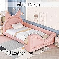Vista 4 de Sofá cama con cabecero, cámaras en forma de conejo, base de cama de madera con plataforma individual para niñas y niños, bonito sofá cama tapizado