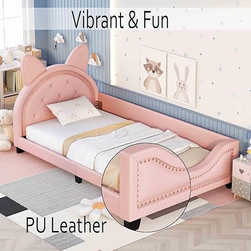 Miniatura 4 de Sofá cama con cabecero, cámaras en forma de conejo, base de cama de madera con plataforma individual para niñas y niños, bonito sofá cama tapizado,