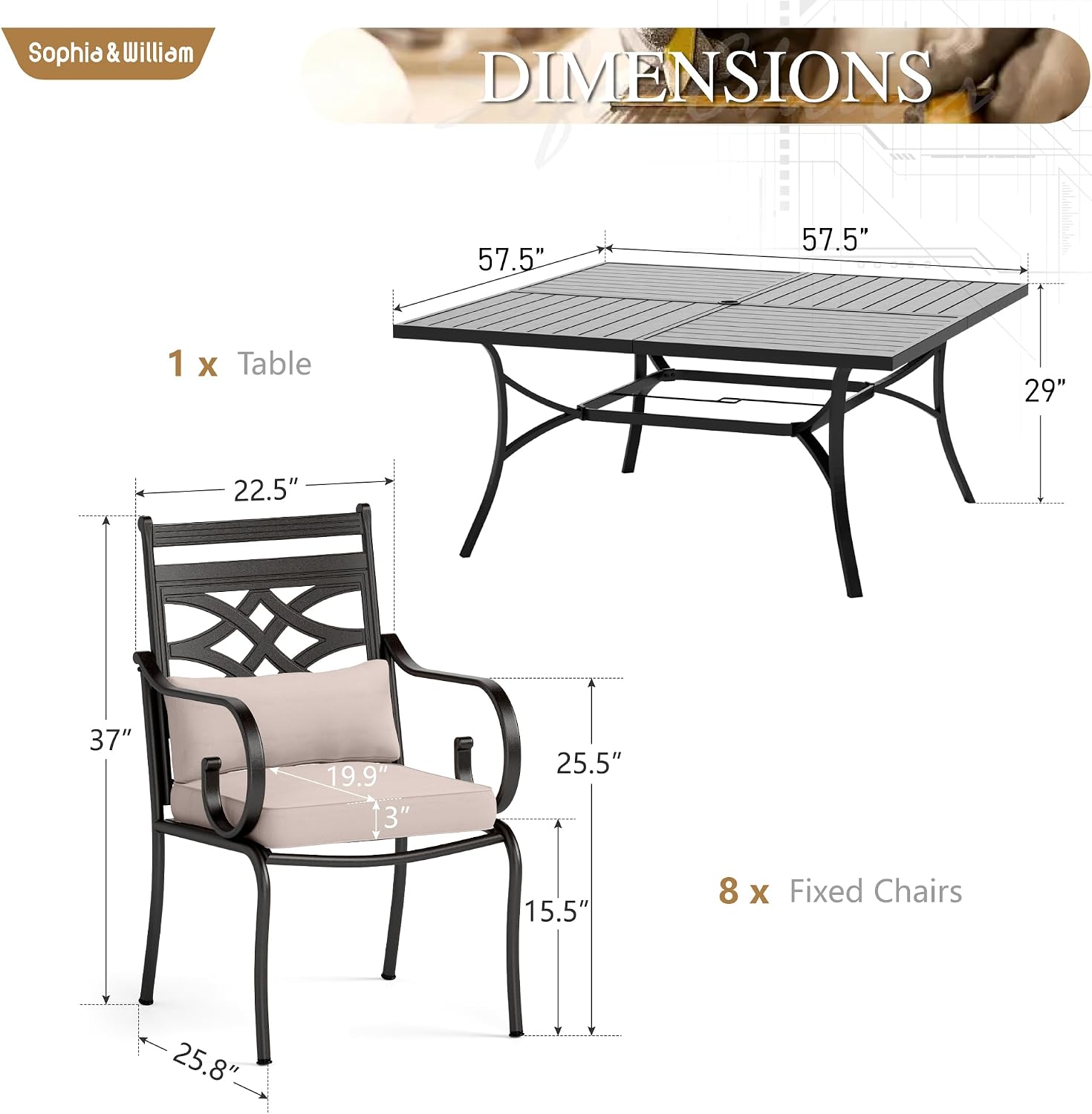 Sophia and William Outdoor Patio Dining Set for 8, Outdoor Table and Chairs, Removable Seat Cushions, 57.5" Square Black Patio Dining Table
