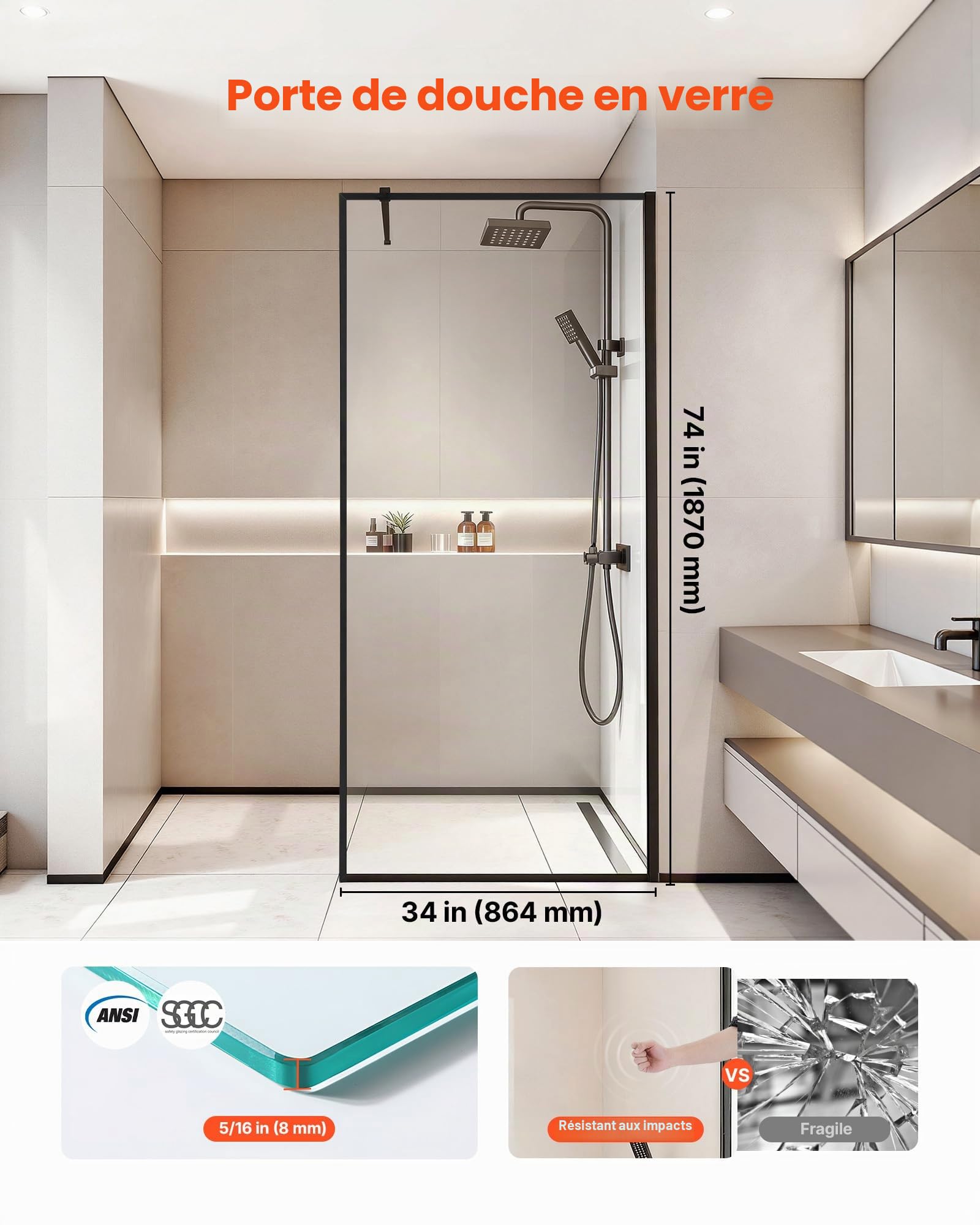 VEVOR Paroi de Douche Fixe 86,4 x 187 cm, Pare Douche Encadré, Écran pour Salle de Bain Maison, en Verre Trempé Transparent de 8 mm d'Épaisseur, avec Joint d'Étanchéité Inférieur et Quincaillerie
