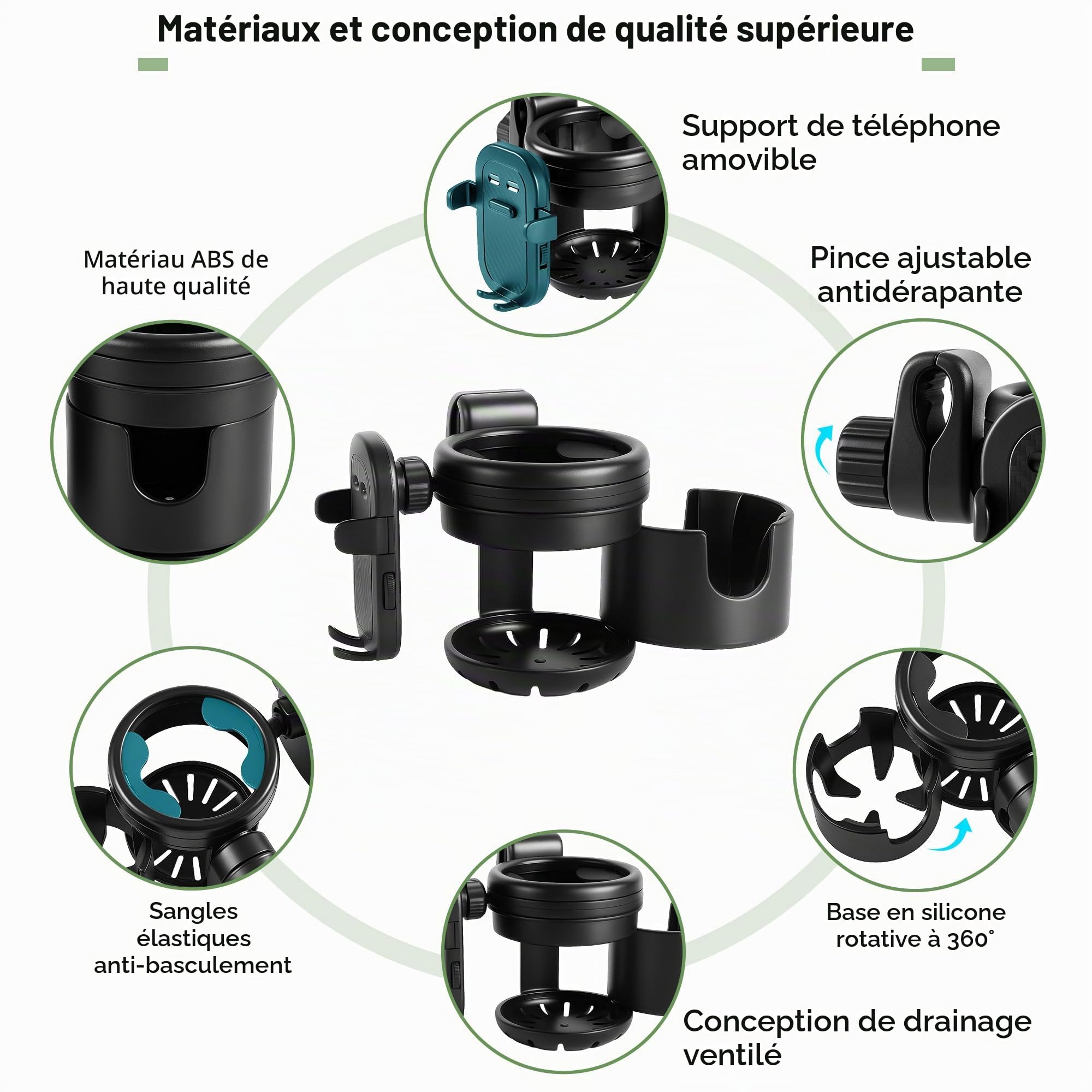 Porte-gobelet Poussette 3 en 1, Porte-biberon Poussette avec Support Téléphone - Porte-gobelet Universel Rotatif à 360° pour Poussette, Vélo, Fauteuil Roulant - Cadeau de Naissance Pratique