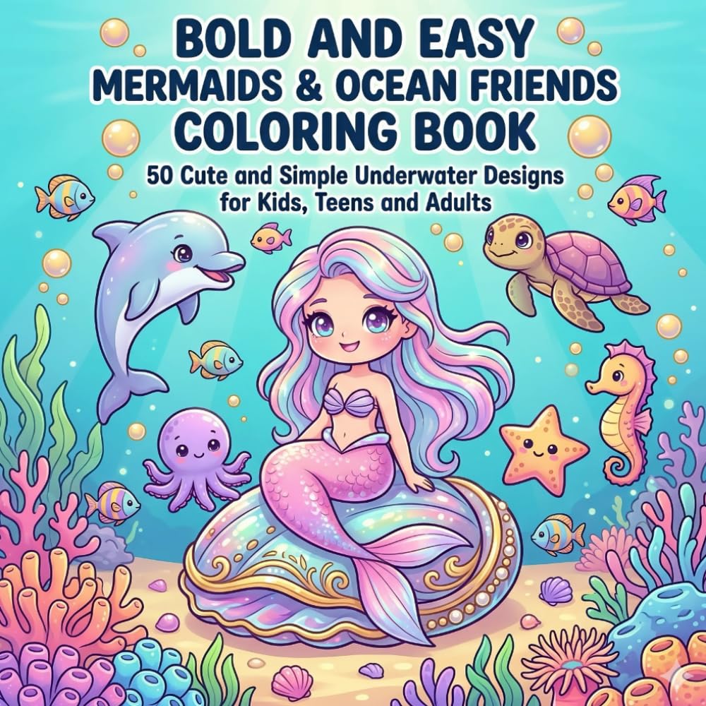 Bold and Easy Mermaids And ocean Friends Coloring Book For Kids, Teens And Adults: 50 Cute and Simple Underwater Designs Featuring Mermaids, Dolphins, ... Ocean Creatures for Kids, Teens and Adults