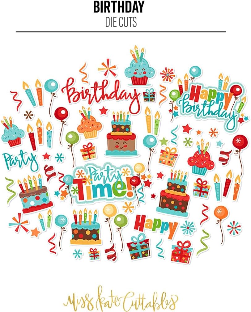 Miss Kate Cuttables Die Cuts & Paper Set – Birthday – for Boy or Girl Parties - 16 Single-Sided 12"x12" Sheets & Over 60 Coordinating Die Cuts - Scrapbook