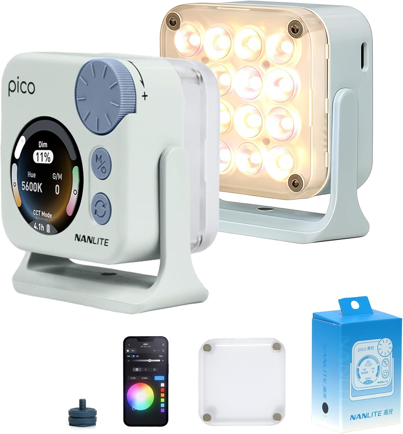 Nanlite Pico Portable LED Fill Light – Full Color RGB, Snap-On Attachment for Phone/Camera Photography, Live Streaming, Video Content Creation (Mint Blue)