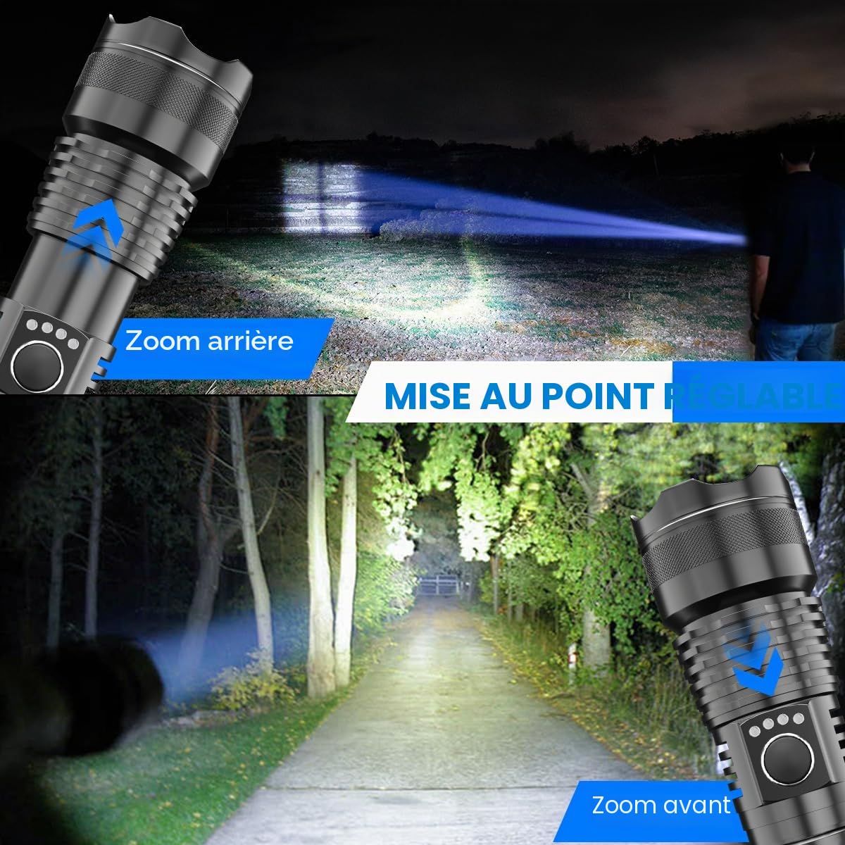 2 pièces Lampe Torche LED USB Rechargeables Ultra Puissante XHP70 | 90000 Lumen Zoomable Étanche Puissantes Lampes de Poche 5 Modes pour Éclairage D'urgence Extérieur, Indicateur D'alimentation