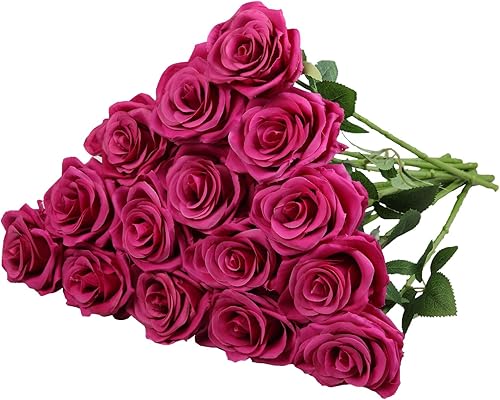 Carlita's Blooms Ramo de 15 rosas artificiales de seda, flores de seda sintética, tallos largos, para arreglos de boda, centro de mesa, fiesta,