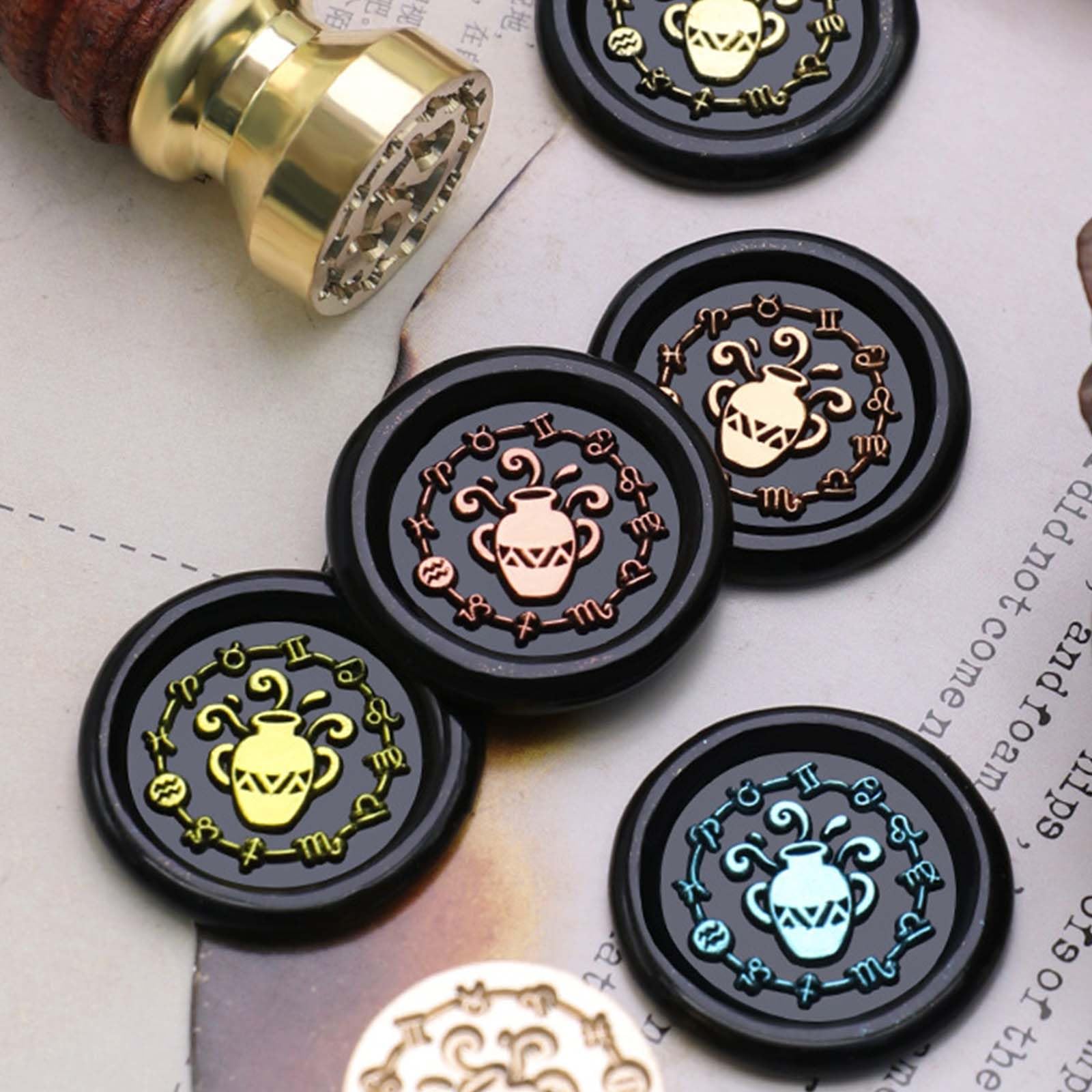 Mini Wax Seal Stamp - 12 Pieces Constellation Sealing Wax Stamp Heads with 2 Pieces Handle for Horoscope Reading,Astrological Reading