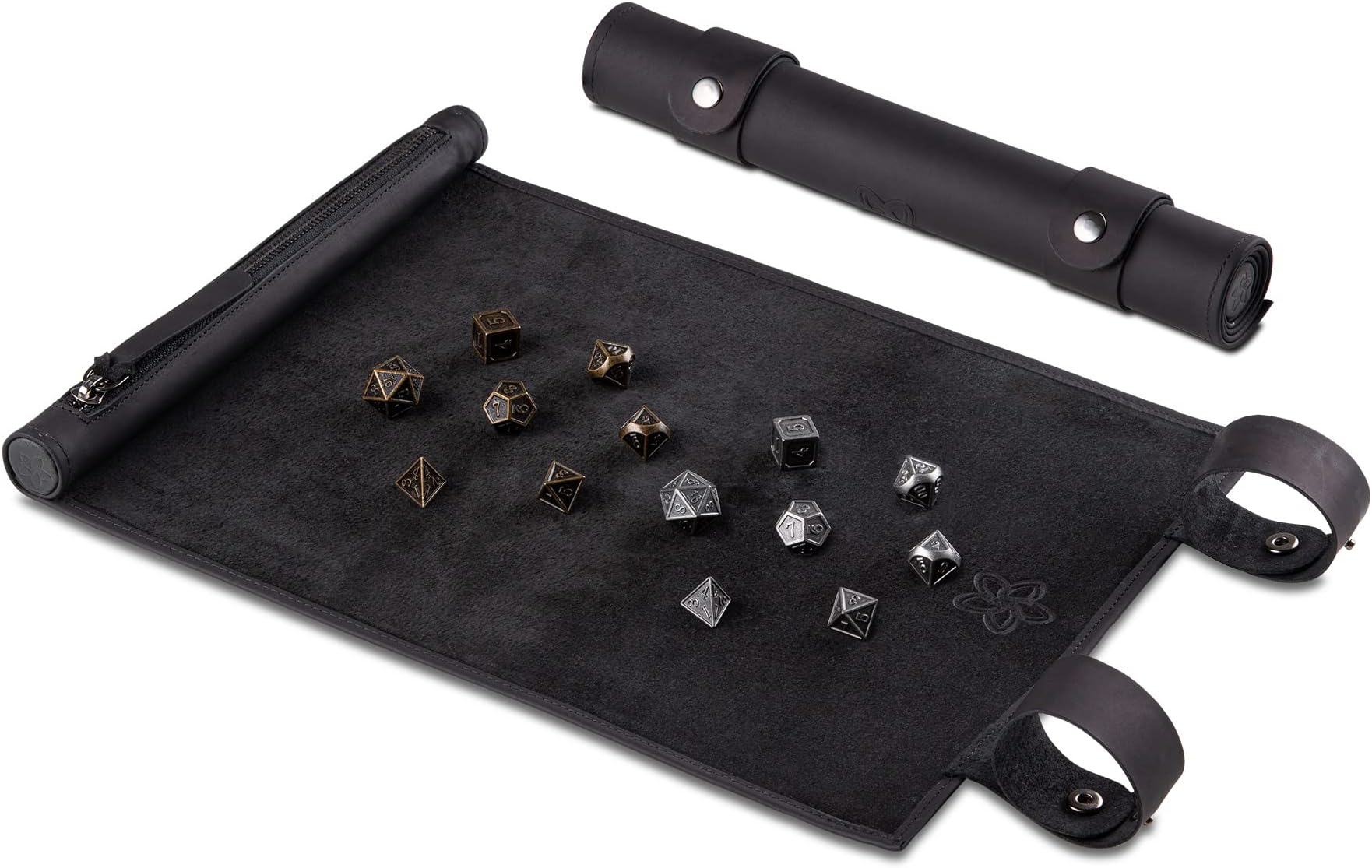 RPG Dice Mat for Rolling Including Dice Set - Handmade Dice Mat Made of Real Leather - Pen n Paper Mat with Cube Compartment - for Fantasy Role Playing Games (Black + Iron + Bronze Sets)