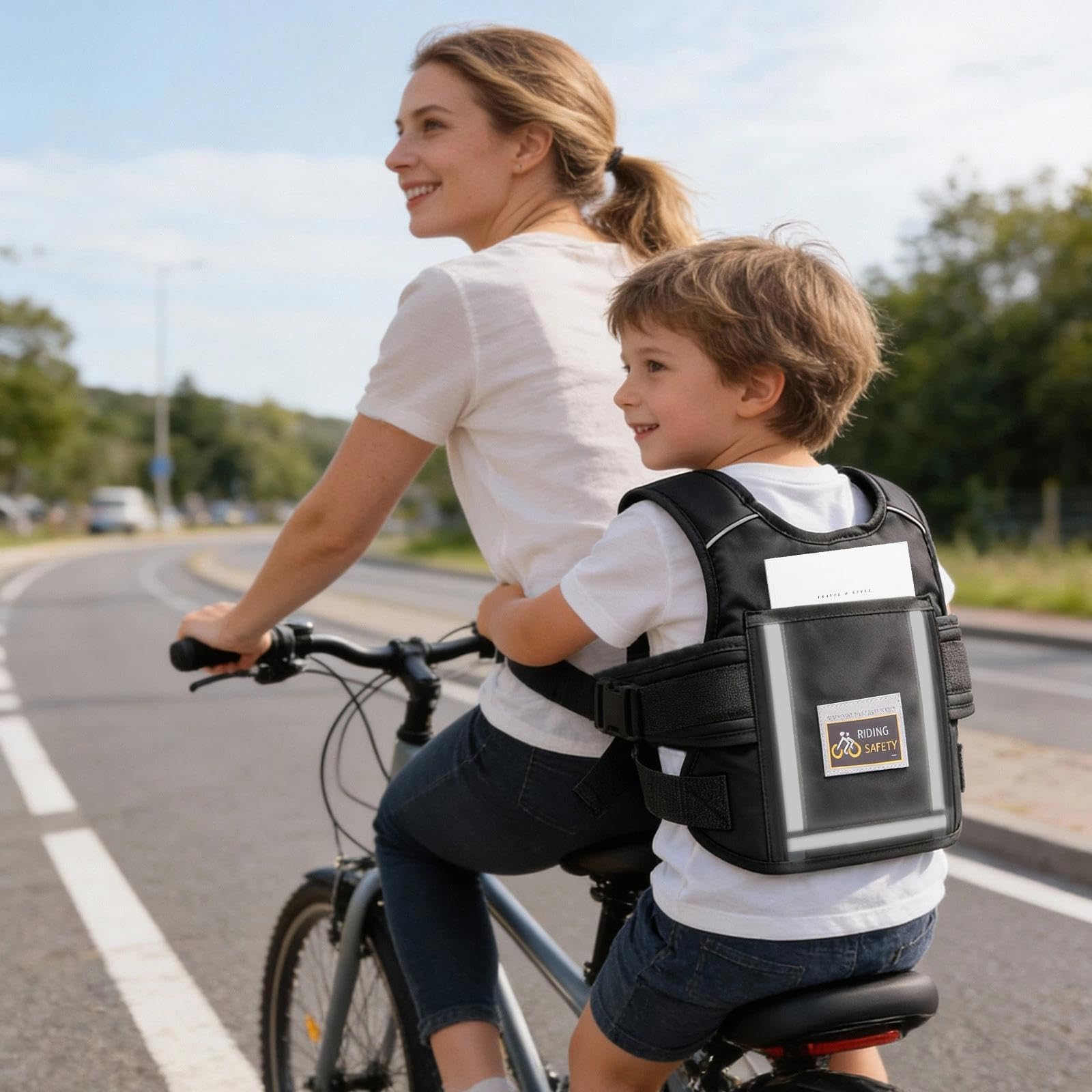 Harnais de Sécurité Moto Enfant Réglable avec Sac & Bandes Réfléchissantes, Ceinture Protection Moto Enfant Ajustable 2-15 Ans, Harnais Antichute pour Moto et Vélo Électrique