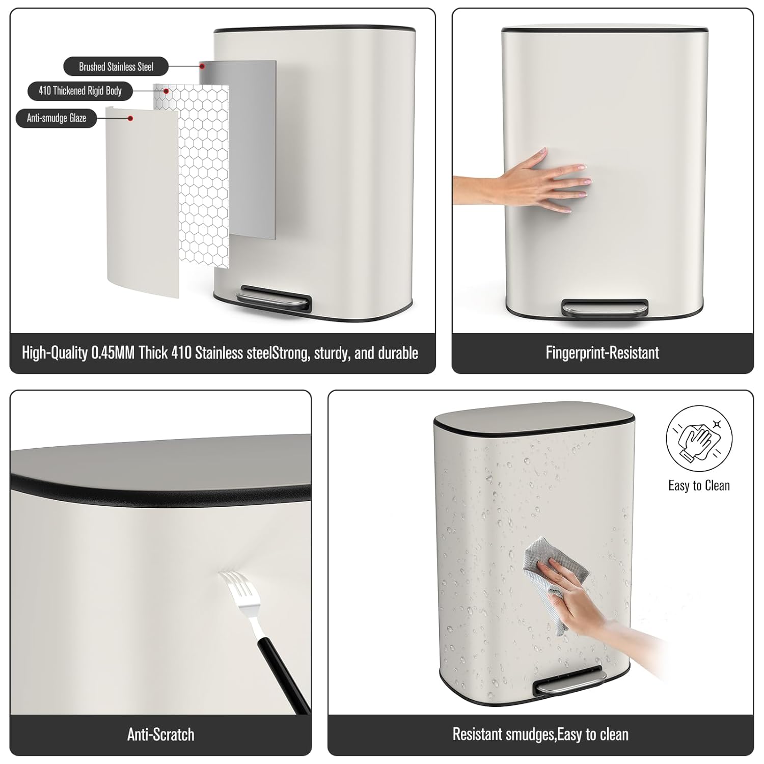 13 Gallon Stainless Steel Kitchen Trash Can, Metal Foot Pedal Trash Can with Lid Quiet Close, Oval Large Garbage Can with 30 Garbage Bags for Bathroom, Commercial, Home, Office - White