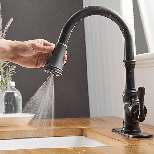 Miniatura 5 de Grifo de cocina negro mate con rociador extraíble, grifo de 3 funciones para fregadero de cocina, mango único, arco alto, cabezal de rociador
