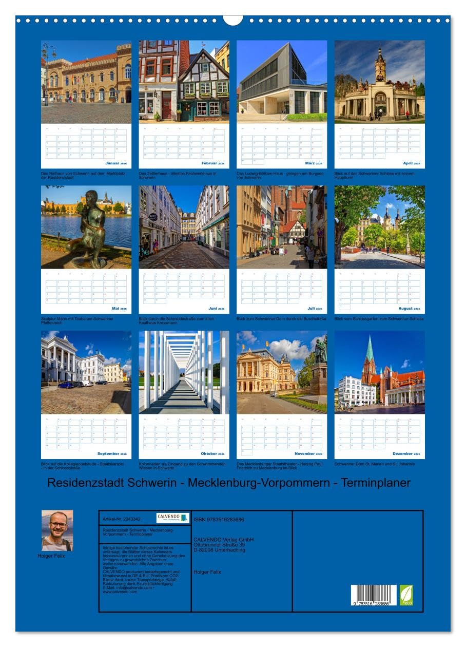 Residenzstadt Schwerin Mecklemburgo-Pomerania Occidental - Agenda (calendario de pared 2026 DIN A2 alto), calendario mensual CALVENDO