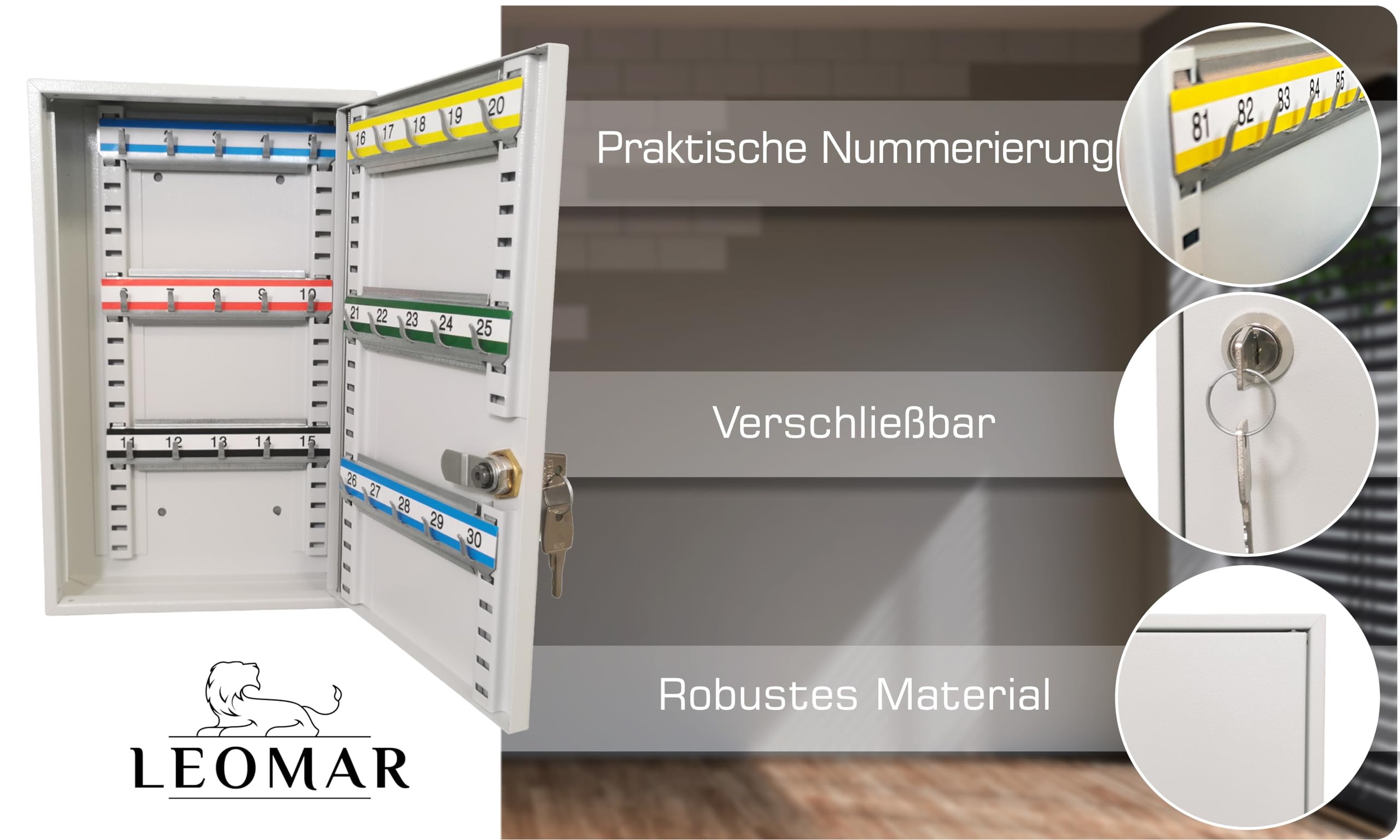 LEOMAR Schlüsselschrank mit 30 Haken, Schlüsselkasten aus Stahlblech, bewegliche Hakenleisten, abschließbar, Schlüsselbox zur Wandmontage,6 x 20 x 32 cm