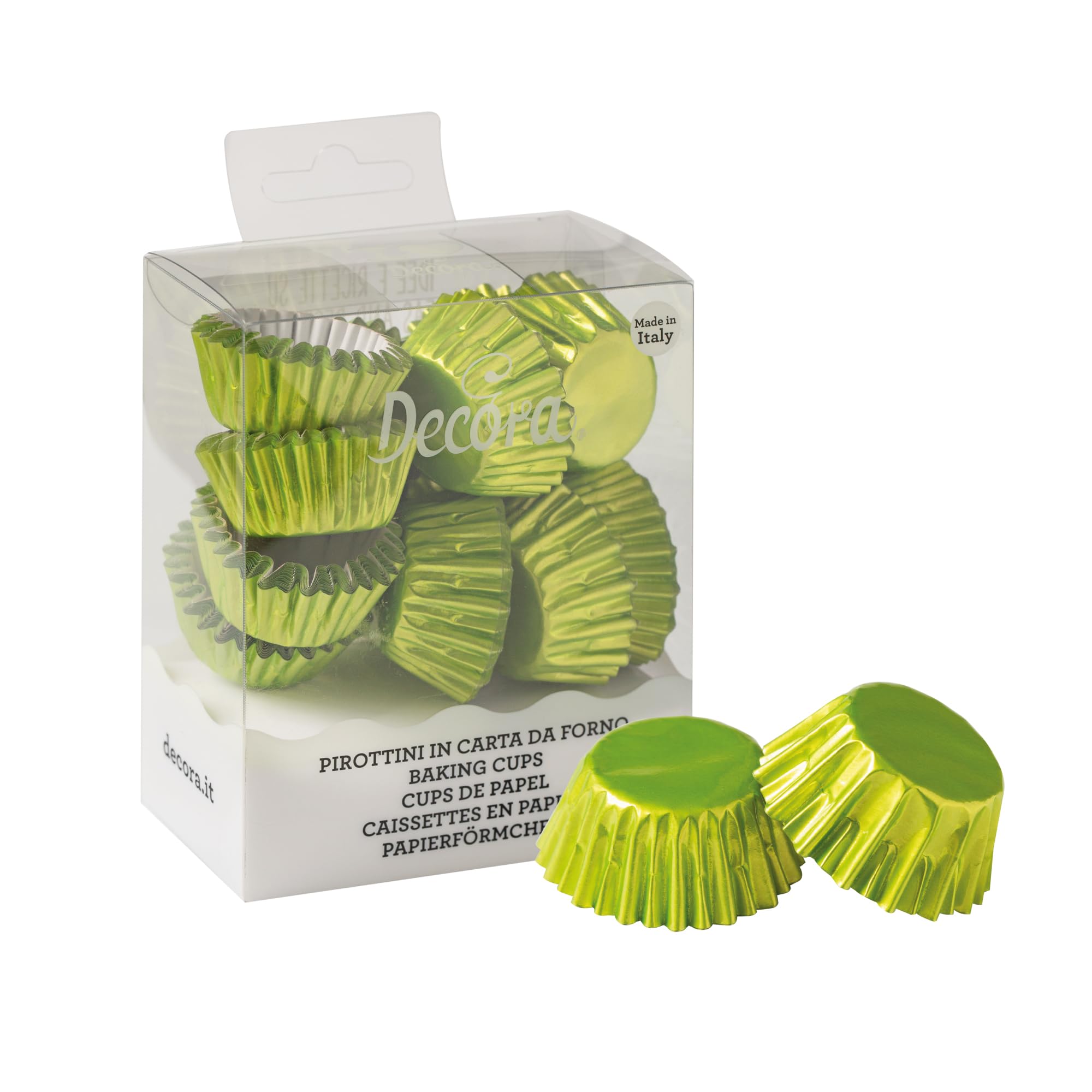 Decora, 0339785 Confezione da 180 Pirottini Bon Bon Lime Metallic da 27 X 17 mm, in Carta da Forno, Resistono fino a 180°C, Made in Italy
