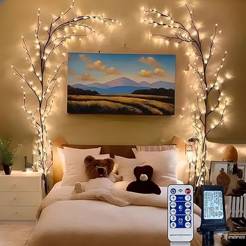 2 piezas de luces de enredadera de sauce encantadas para decoración del hogar, ramas iluminadas flexibles DIY con control remoto con temporizador y