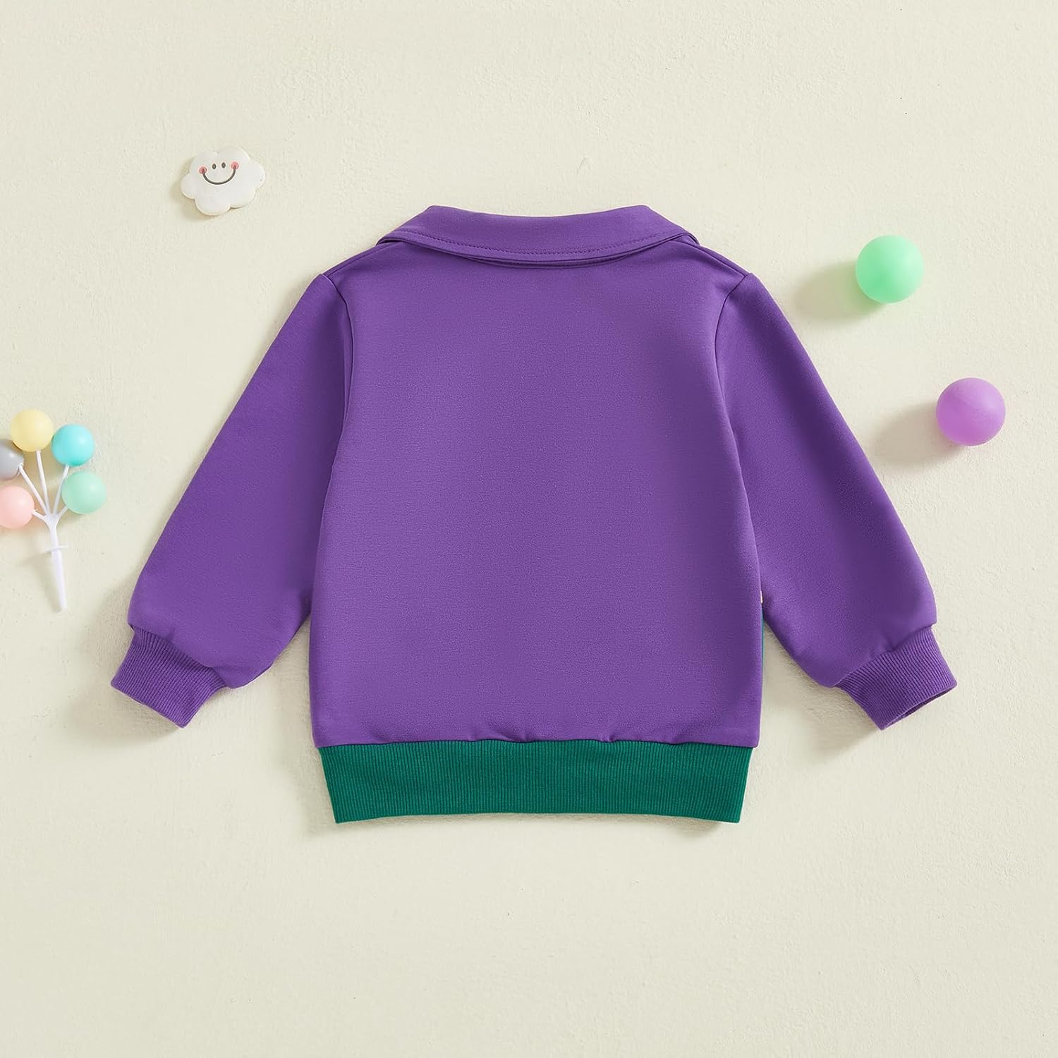 Toddler Baby Boy Girl Mardi Gras Outfit Long Sleeve Purple Yellow Green Pullover Quarter Zip Sweatshirt Top - Image 4