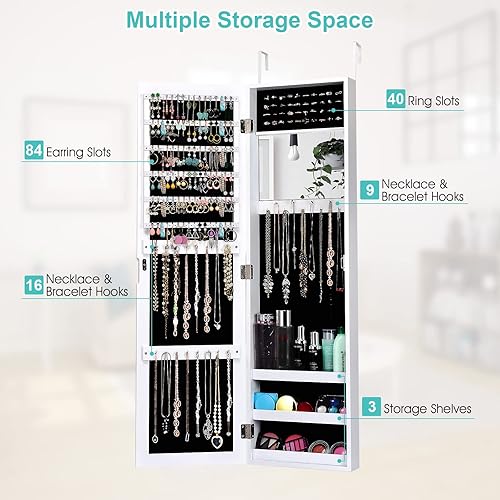 Miniatura 3 de COSTWAY Armario de joyería de espejo de longitud completa, organizador de joyas montado en la puerta de pared con espejo de maquillaje, ranuras para