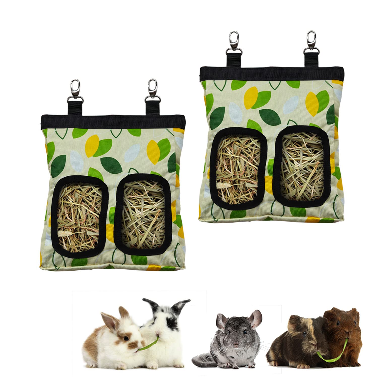 Guinea Pig Hay Feeder, Hanging Rabbit Hay Feeder Bag for Guinea Pigs Bunnies Chinchillas. M, Green Leaves, 2 Count — image 1