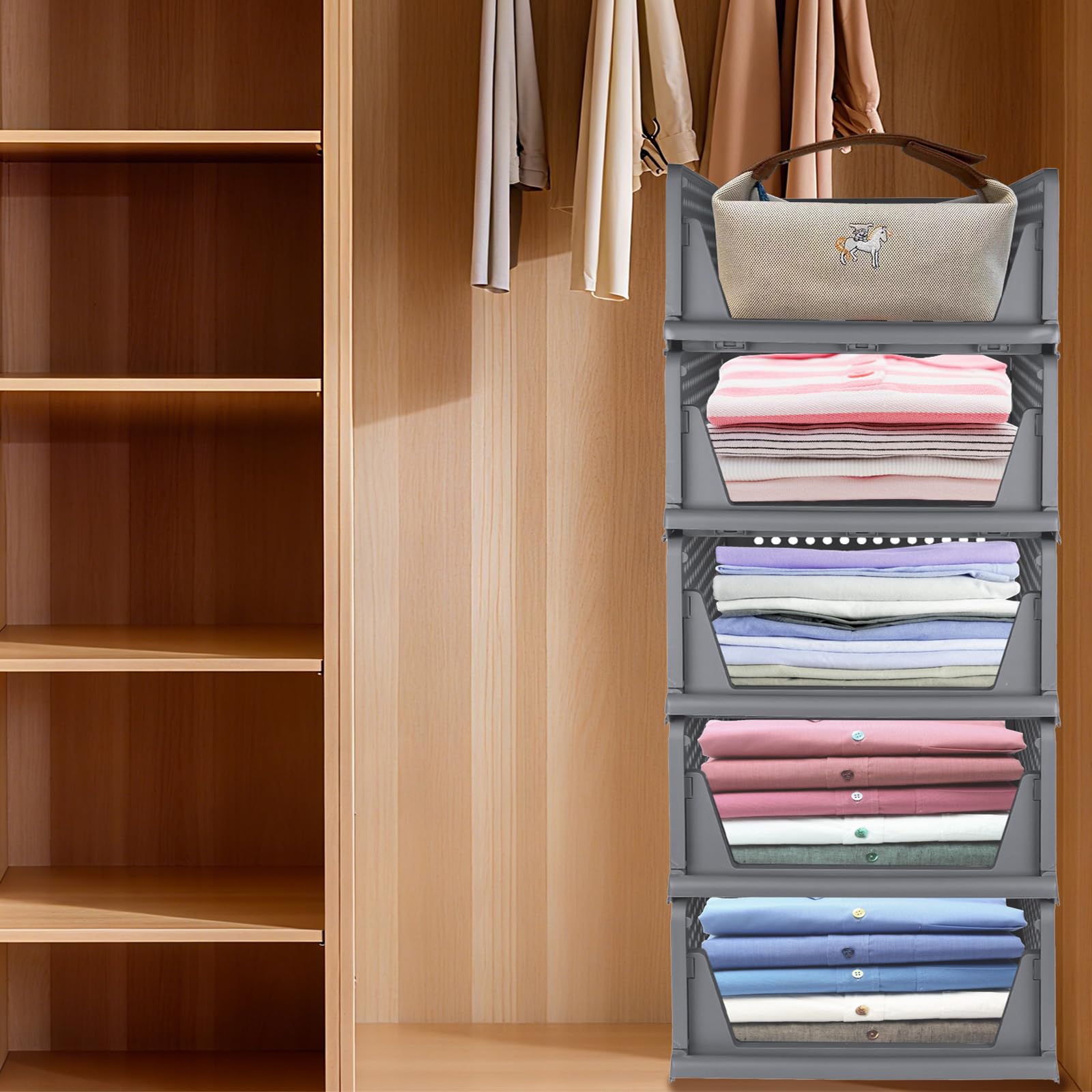 OHMG Organisateur Armoire Vetement 5 pcs Organisateur Tiroir Empilable Rangement Dressing Organisateur Plastique Boite Rangement Vetement et penderies pour Chambre,Penderie,Dressing,Buanderie