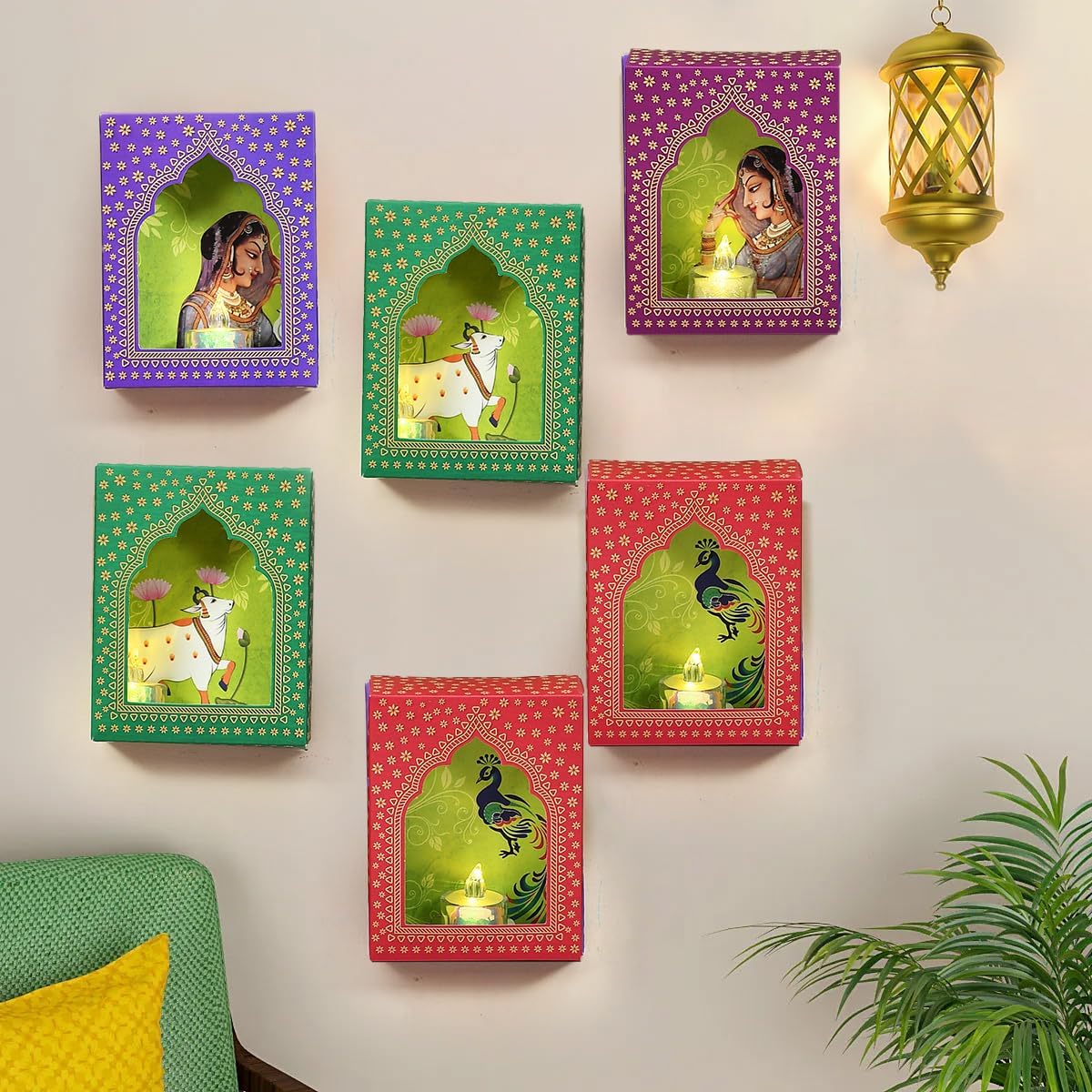 - CraftVatika Jharokha Diyas with LED Candle Diwali Decoration Items, Wall Hanging, Home Decor Items Festive Decor Item, DIY Craft Traditional Jharokha Box Set of 6