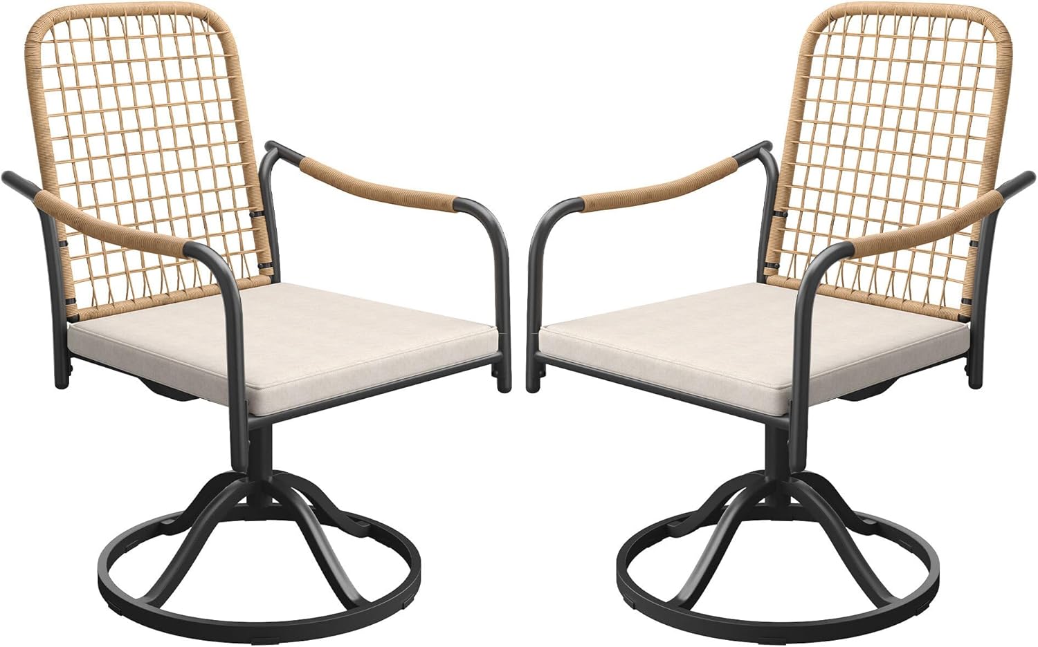 DIFY Wicker Swivel Patio Chairs Set of 4, Woven Rattan Outdoor Dining Chairs with Soft Seat Cushion and Metal Frame for Garden, Backyard, Poolside, Wheat