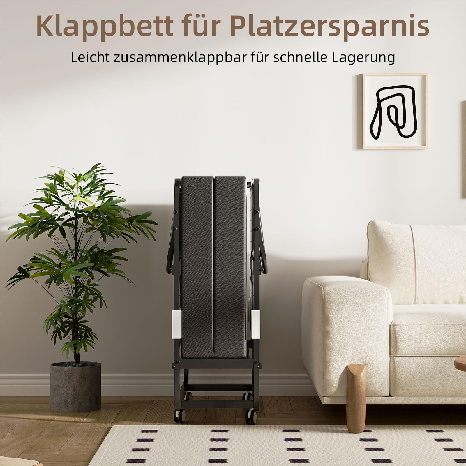 CAIYUN Lit Pliant 1 Personne 80 x 190 cm Lit Pliable Adulte avec Matelas en Mousse de 13 cm, Lit d'Appoint Pliable à 4 roulettes et Sommier à Lattes en Métal pour Invités, Charge 200 kg, Noir