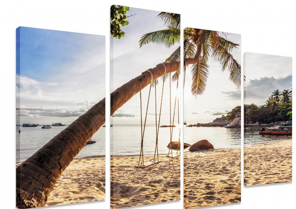 PICTURE - Multi Split Panel Canvas Artwork Art - Swings On Palm Tree Sand Tropical Beach Sea Ocean Sunny Blue Sky Trees - ART Depot OUTLET - 4 Panel - 101cm x 71cm (40"x28")