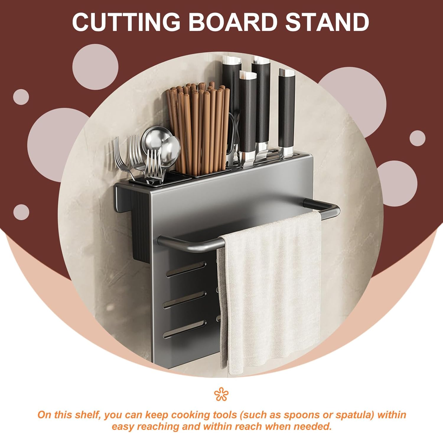 Wall Mount Kitchen Utensil Holder and Cutting Board Rack with Dual Cups and Rod, Multi-function Chopstick and Knife Storage Organizer for Home Kitchen