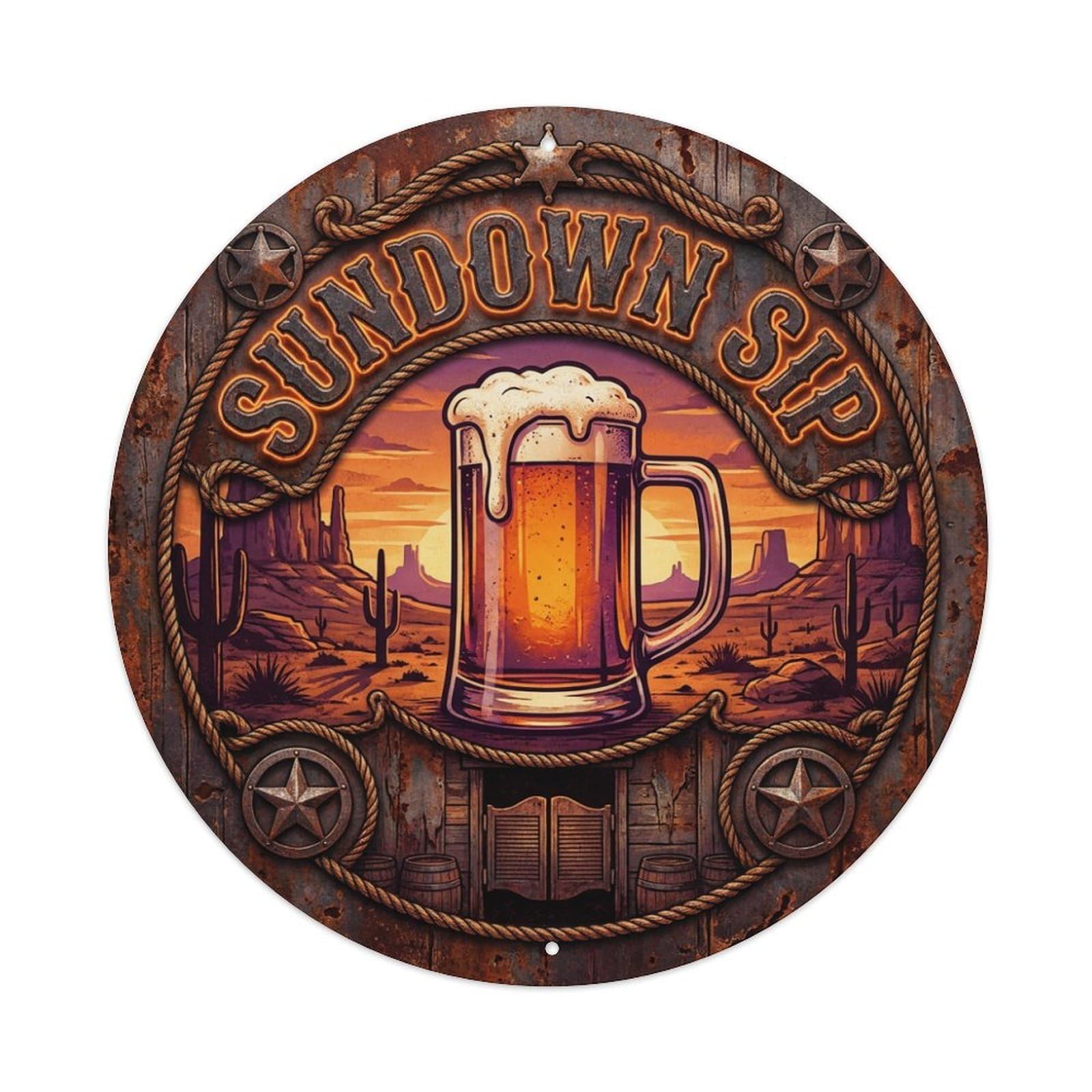 Vintage Beer Western Cowboy Sundown Sip Retro Bar for Pub Metal Tin Sign