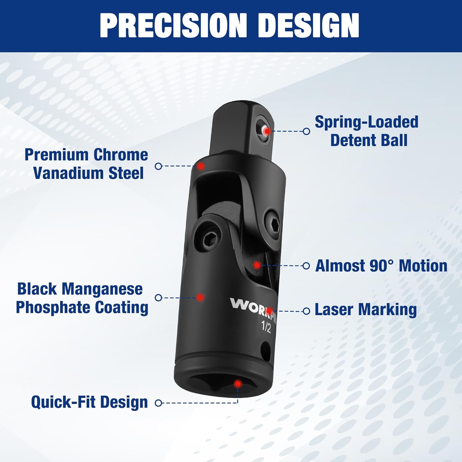WORKPRO Universal Joint Socket Adapter Set, 3-Piece 1/4" 3/8" 1/2" Drive, Flexible U-Joint for Multi-Angle Access, CR-V Steel, Black Phosphate Finish