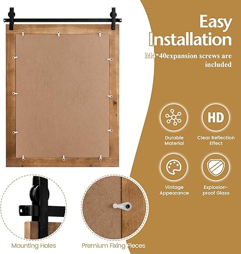 Miniatura 6 de Tangkula Espejo de pared de granja, espejo de baño rústico con marco de madera y soporte de metal, espejo de puerta de granero montado en la pared