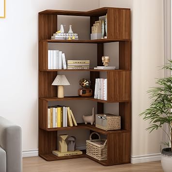IOTXY 6-Tier L-Shaped Corner Bookshelf, 66-Inch Tall Bookcase, Walnut | Easy Assembly, Space Saving, MDF Material, Mid-Century Modern, Generous Storage Capacity, Freestanding, Home Office