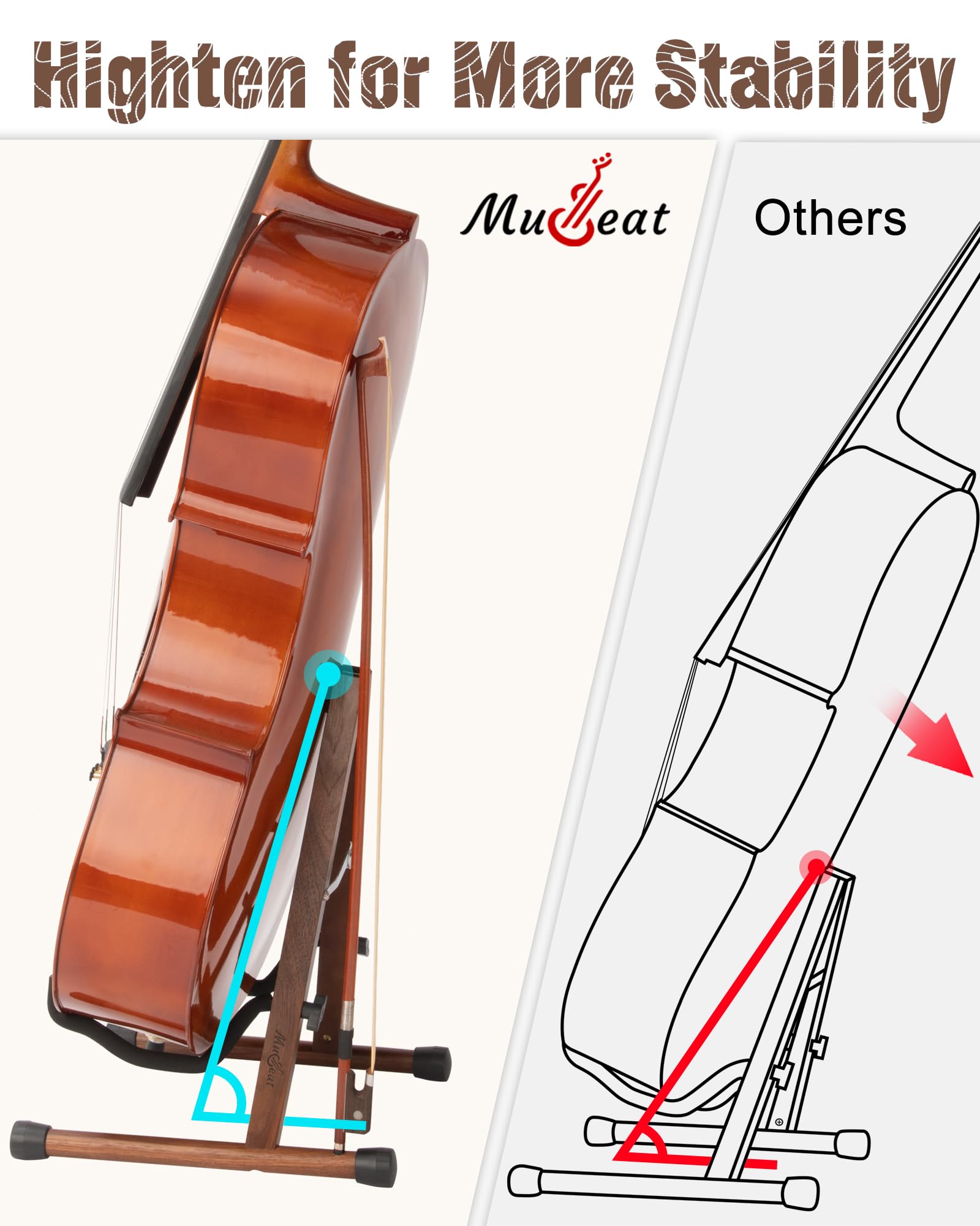 Supporto per Violoncello a Forma di A con Porta Arco, Stabile e Sicuro, in Noce con Schiuma Imbottita per Violoncelli 1/2, 3/4, 7/8 e 4/4, adatto anche per Chitarra