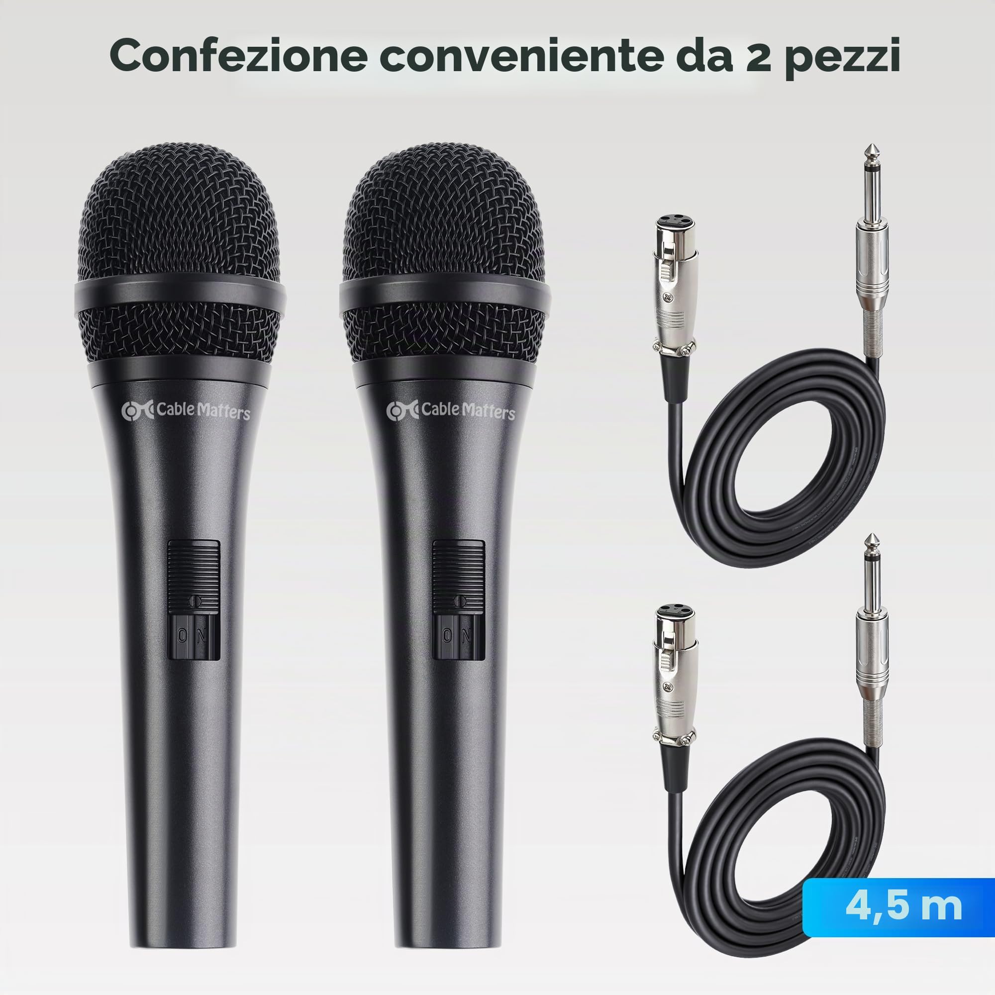 Cable Matters Confezione da 2 microfoni vocali dinamici cardioidi con cavo da 4,5 m, 6,35mm microfono da canto cablato/microfono per macchina da canto Karaoke