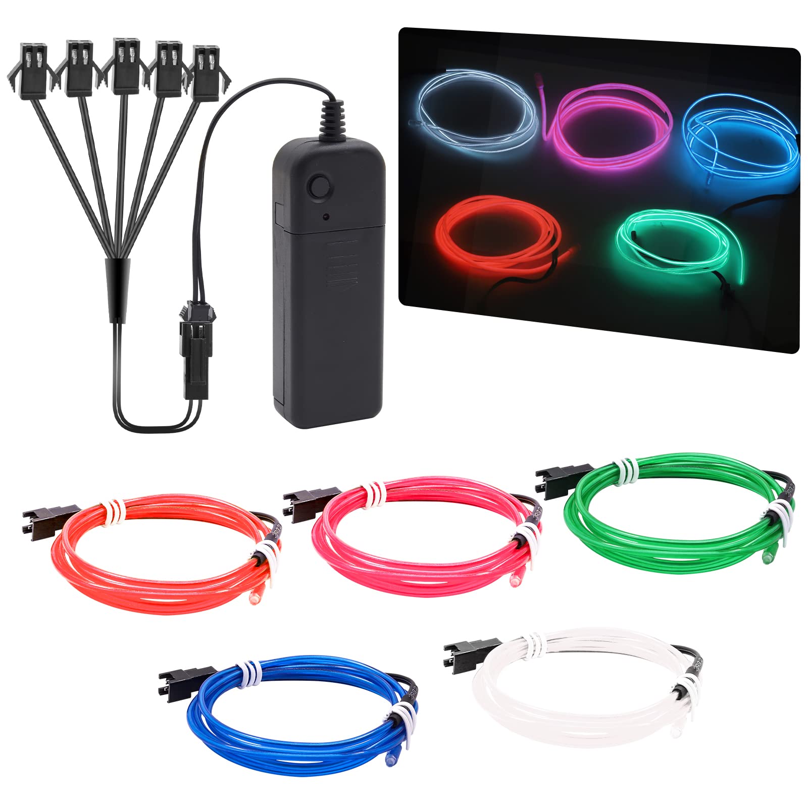 NWpangu EL Wire Neon Lights, 5 in 1(3.28Ft Each) Electroluminescent EL Wires Set for Holiday, Party, DIY Decoration, Warning Sign, 3 Operation Modes (Colorful)
