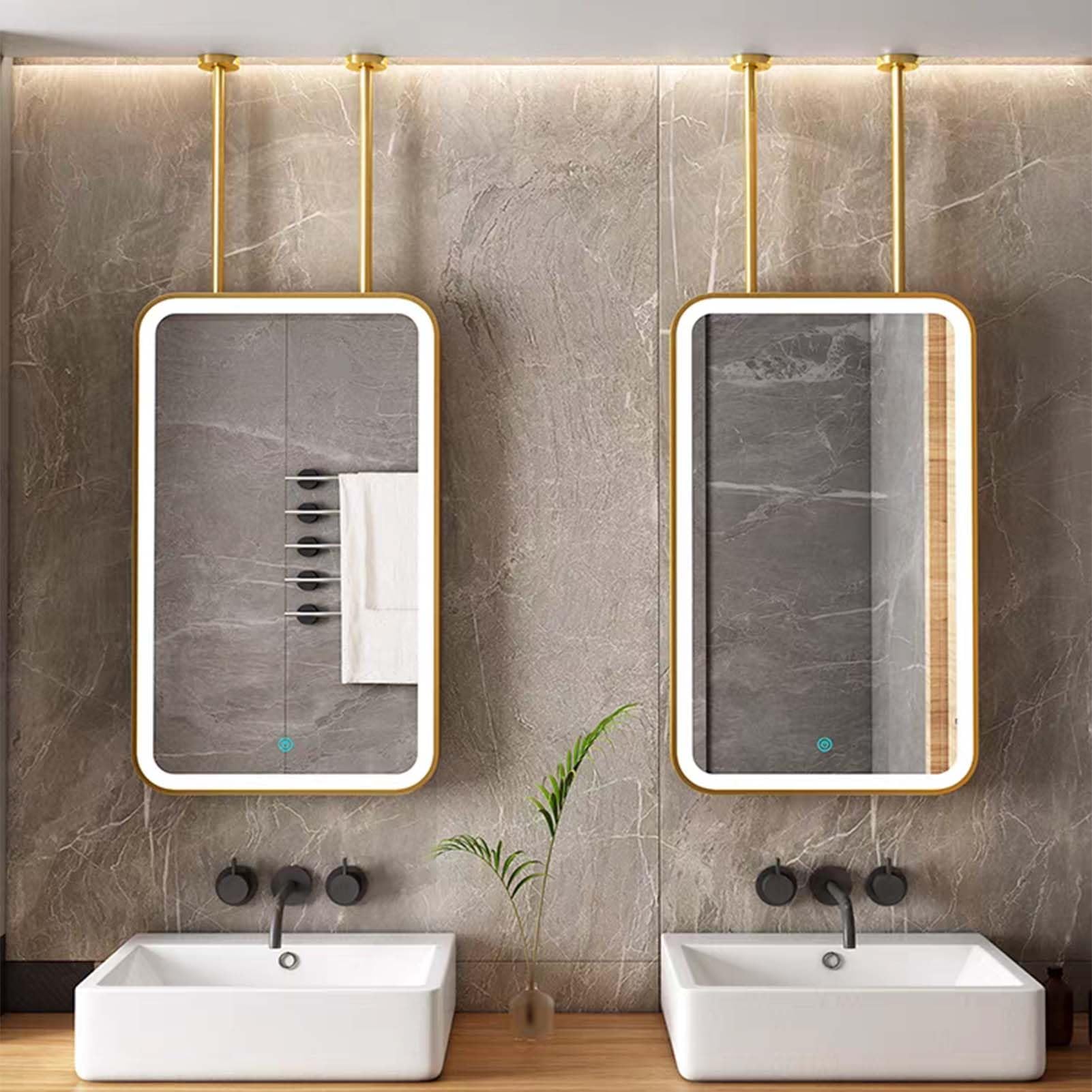 FGXHHS Ceiling Mounted LED Mirrors Square Floating Vanity Makeup Mirror Wall Touch Screen Control for Bathroom, Gold(40cmx60cm)