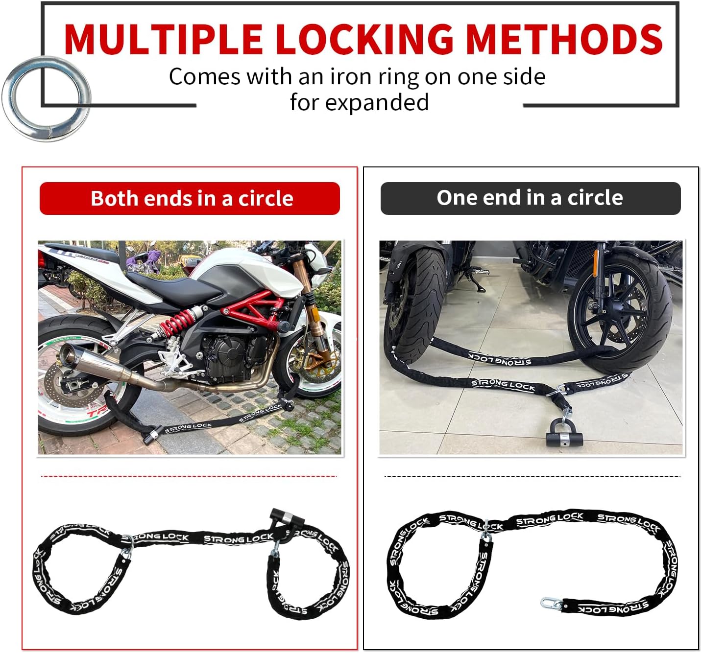 AKM Motorcycle Lock 8.2ft/250cmx10mm Thick Anti-Theft Heavy Duty Chain Locks with 4 Keys Security 16mm U Lock Disc Lock,Super Long Durable Bike Chain Lock for Motorcycles,Containers,Trailers