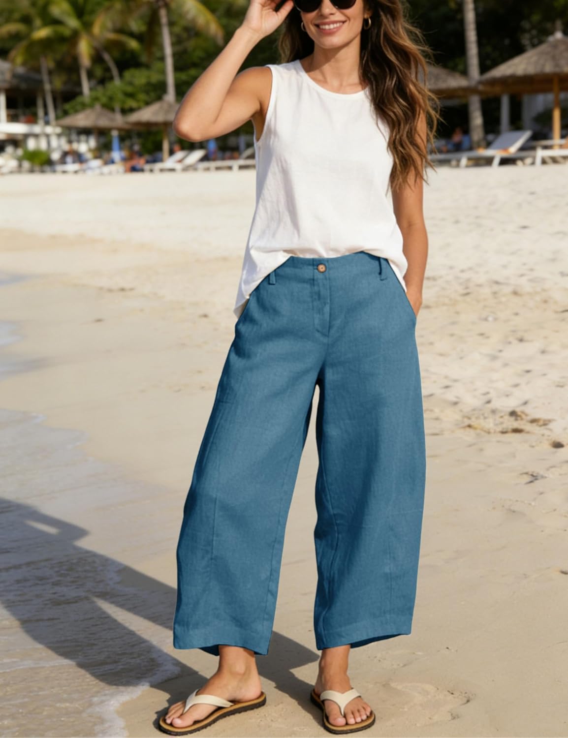 Athlisan Womens Linen Barrel Pants Casual Baggy Wide Leg Palazzo Trousers Summer Beach Capri Pants - Image 5