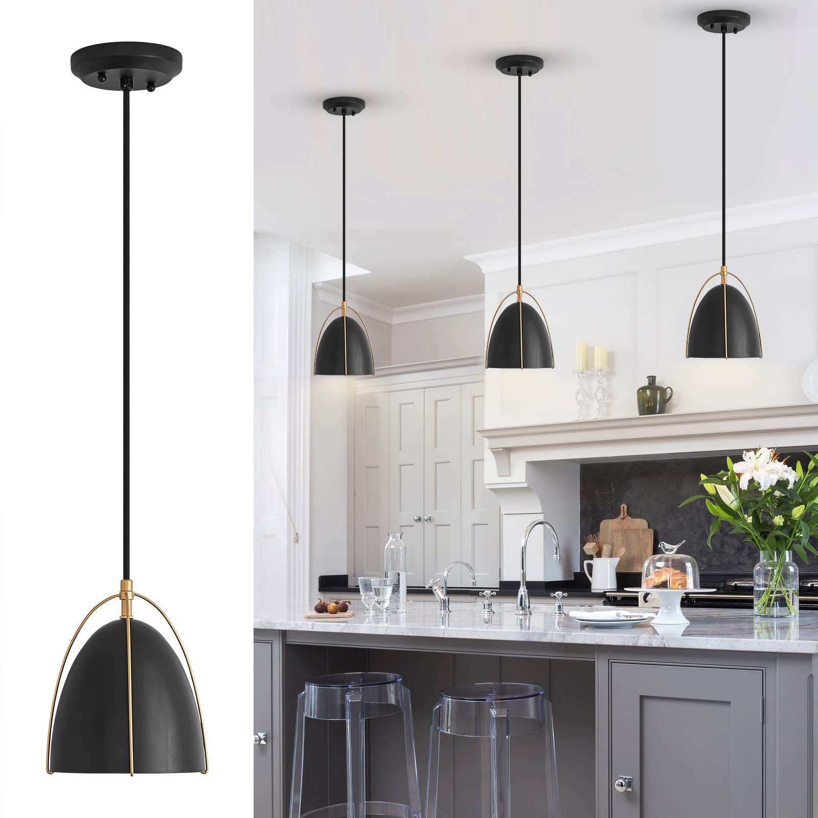 AIRYPHANT 2 Pack Modern Black Pendant Lighting Dome Pendant Light for Kitchen Island 1 - Light Black and Gold Pendant Light Fixtute for Kitchen Sink Dining Room Hallway Bar