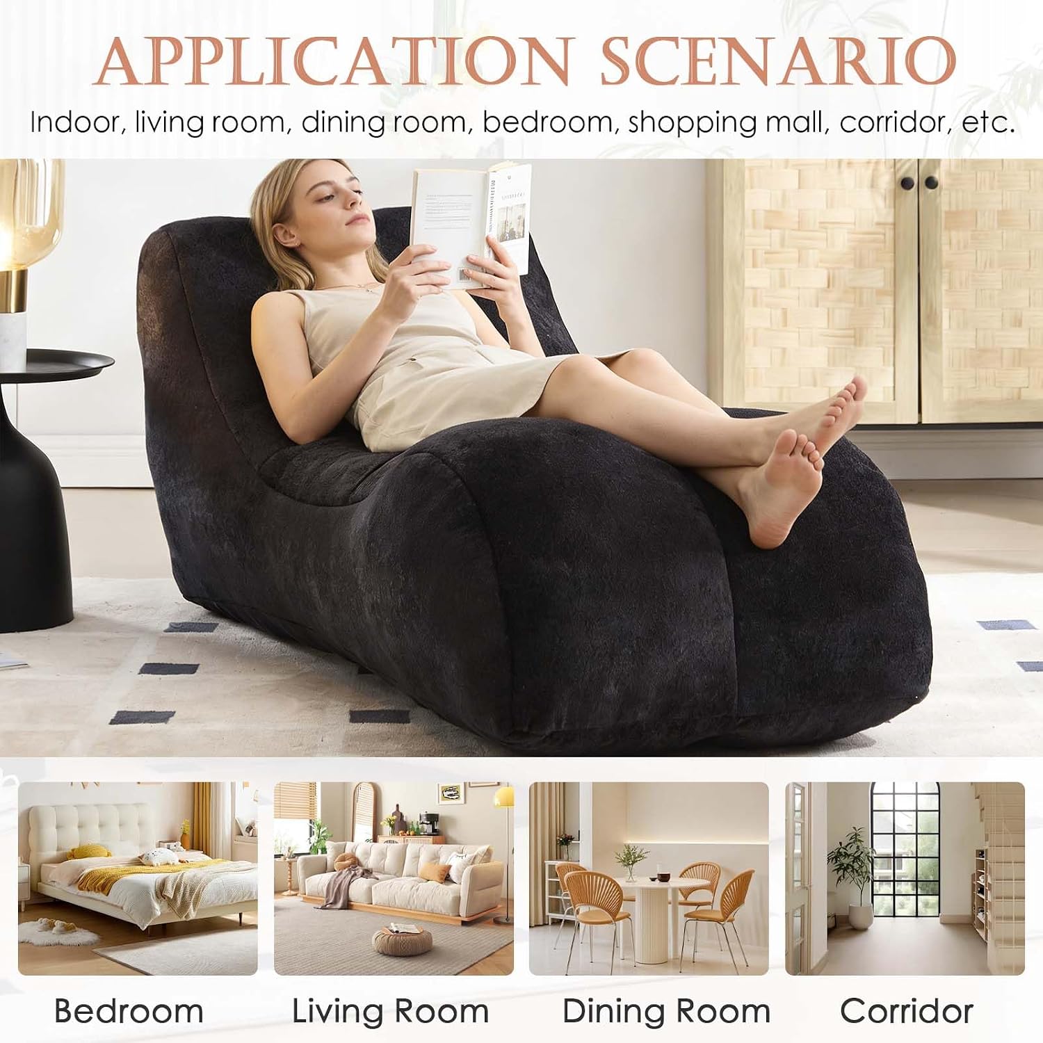 Giant Bean Bag Chair for Adults - Indoor Yoga Chaise Lounge Chair All-in-One Sponge Design, Ergonomic Design Floor Chair for Reading, Gaming, Napping, and Movies (Black)