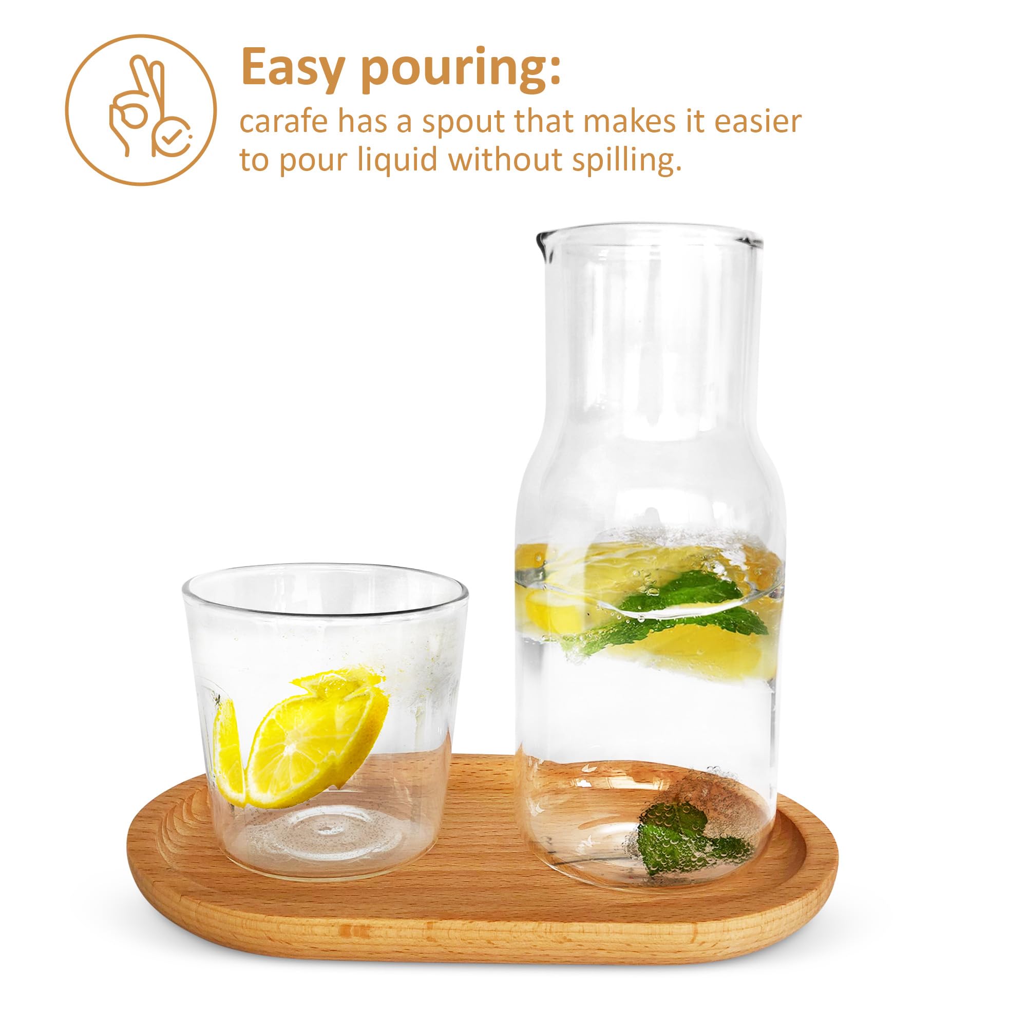 Blisome Bedside Water Carafe and Glass Set of 2 pieces (17.6 and 8.4 oz) with Bamboo Tray, Water Carafe with Glass Cup for Nightstand, Mouthwash Dispenser for Bathroom, Guest Room Essentials