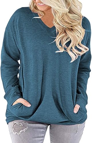 Miniatura 2 de ROSRISS Plus-Size-Tops for Women Long Sleeve V Neck Shirts Oversized Pockets Tunics