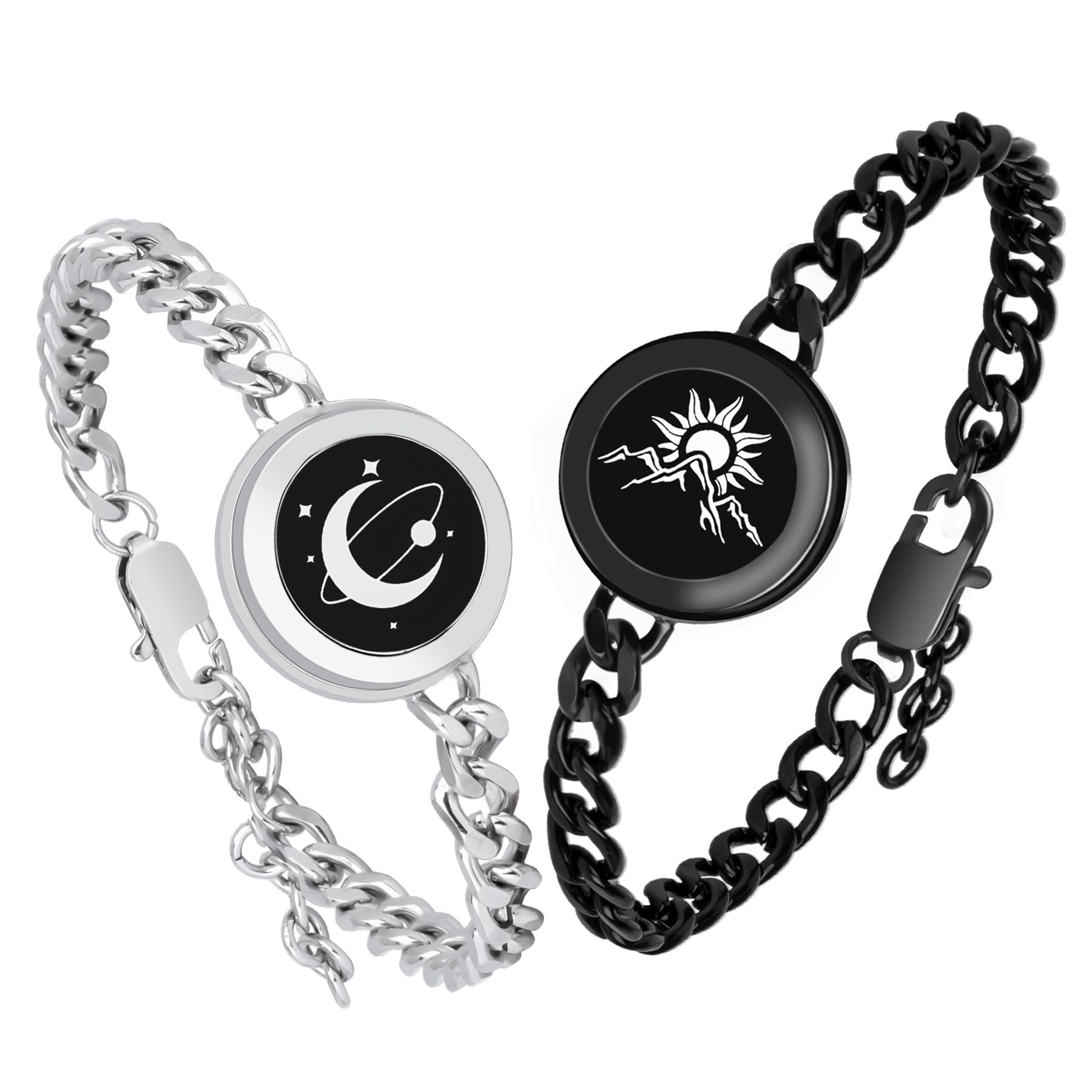 EAOYAOLong Distance Touch Bracelets,Vibration & Light up Couples Bracelets, Remote Smart Matching Couples Bracelet for Couples Long Distance Relationship Girlfriend Boyfriend Xmas Gifts Black Silver Jewelry