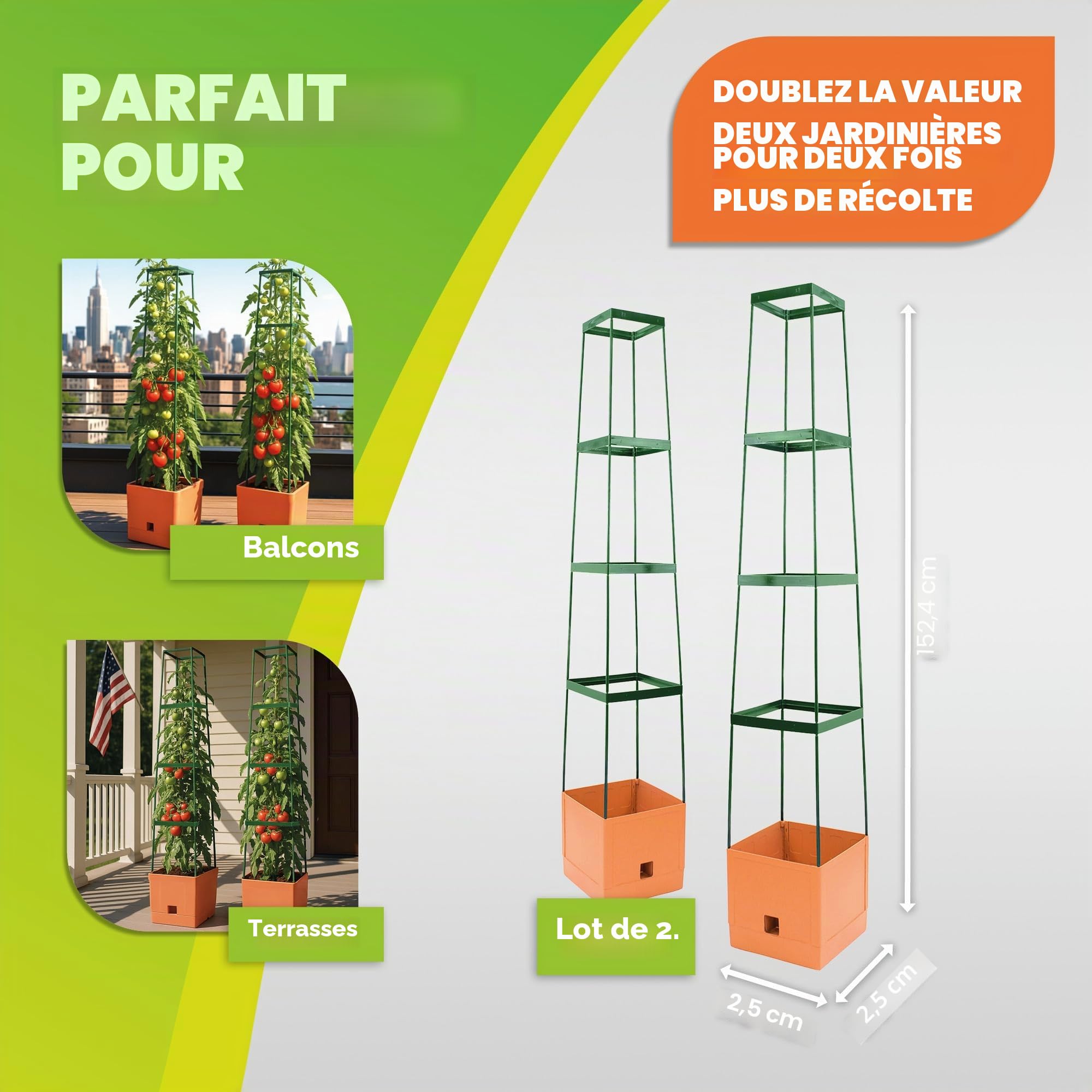 Bio Green Maxitom Lot de 2 jardinières pour tomates avec Treillis de 150 cm et arrosage Automatique, bac de 16 litres pour Plantes grimpantes, Terracotta