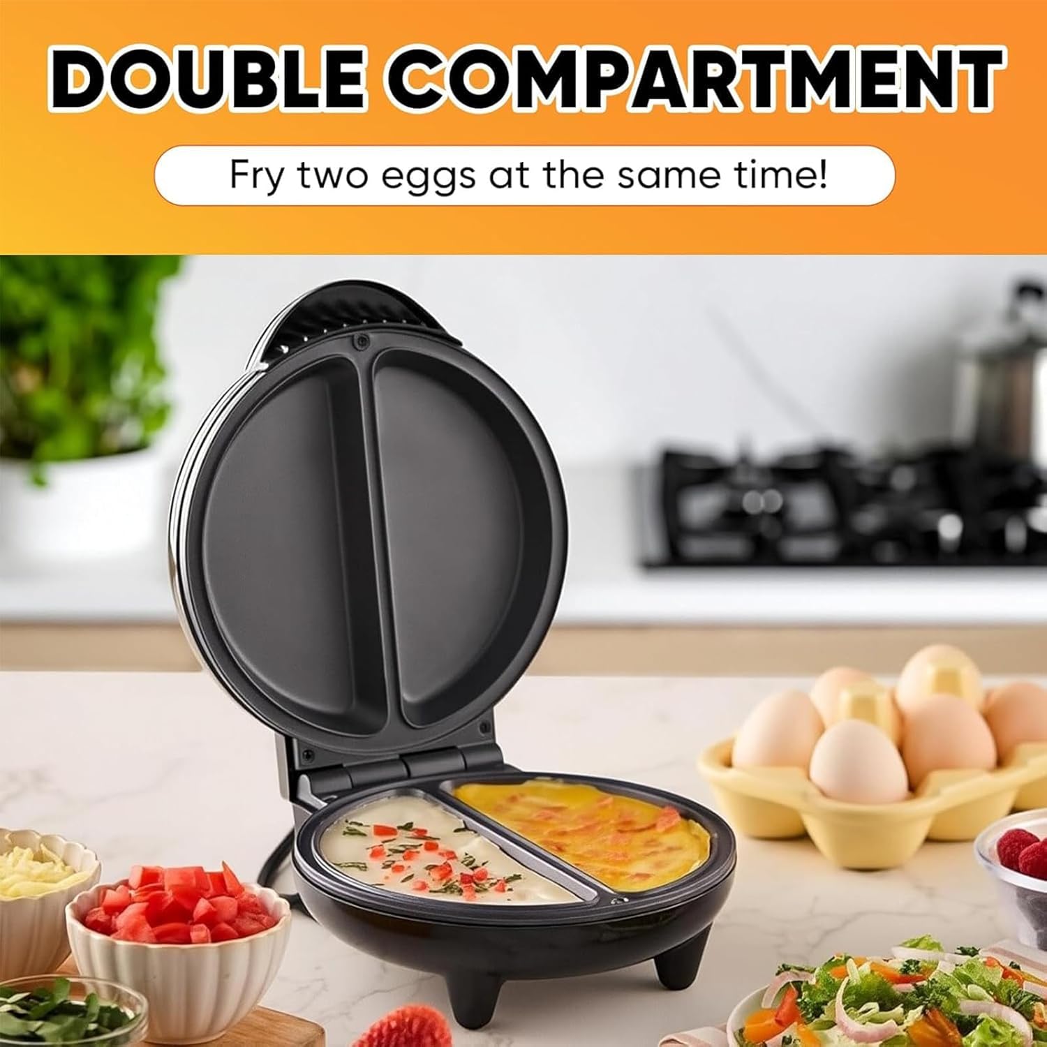 Dual-Zone Electric Omelette Maker Cooker,1000W Rapid Double-Sided Egg Cooker with Non-Stick Plates,Compact Breakfast Maker,Cool-Touch Handle for Home Dorm,1pcs