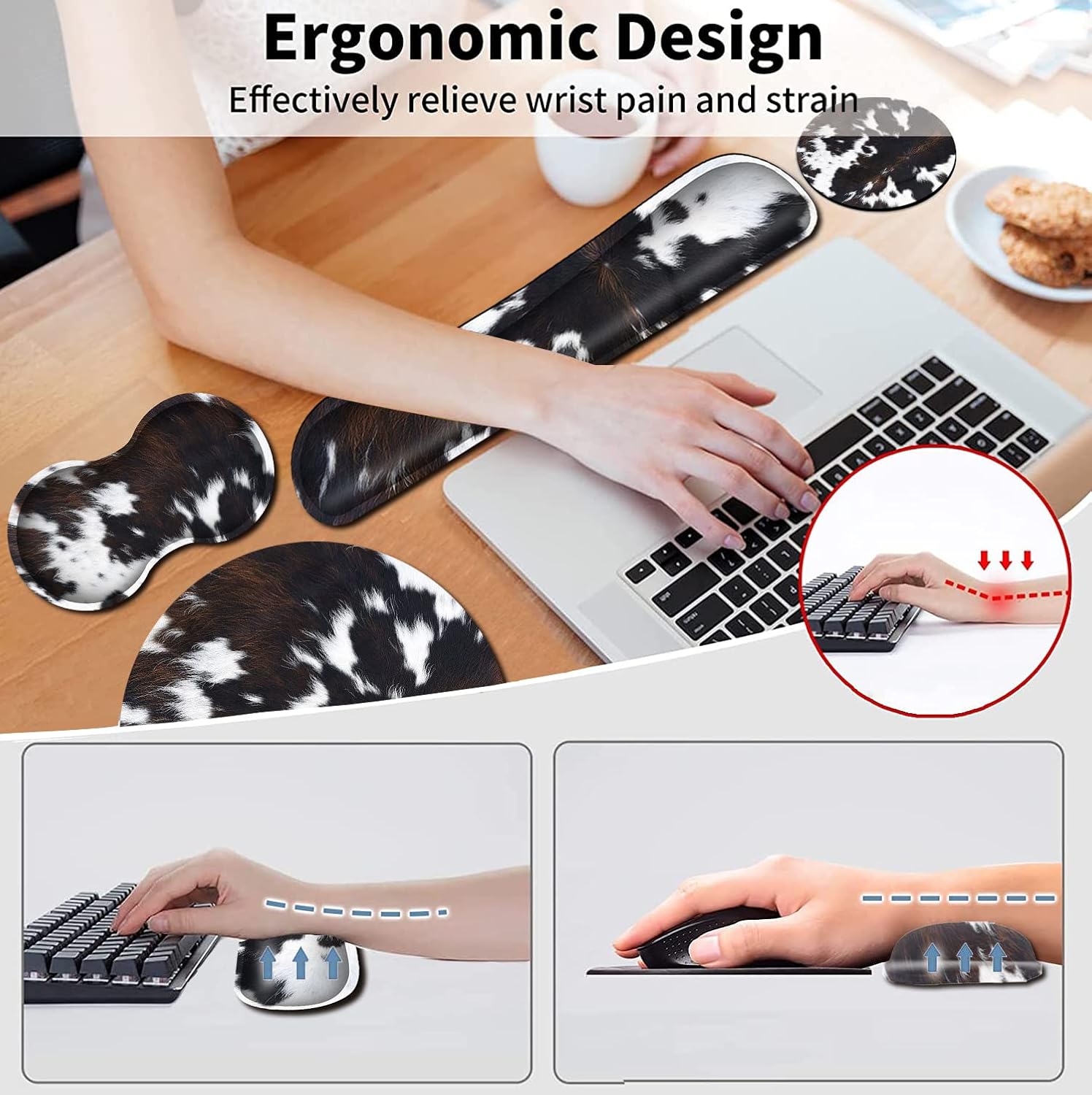 Keyboard Wrist Rest and Mouse Wrist Rest Support Padded Memory Foam Set, Durable Non-Slip Base for Computer Laptop Office Accessories,Ergonomic Mouse Pad Cute Cowhide Brown Black Cow image 4